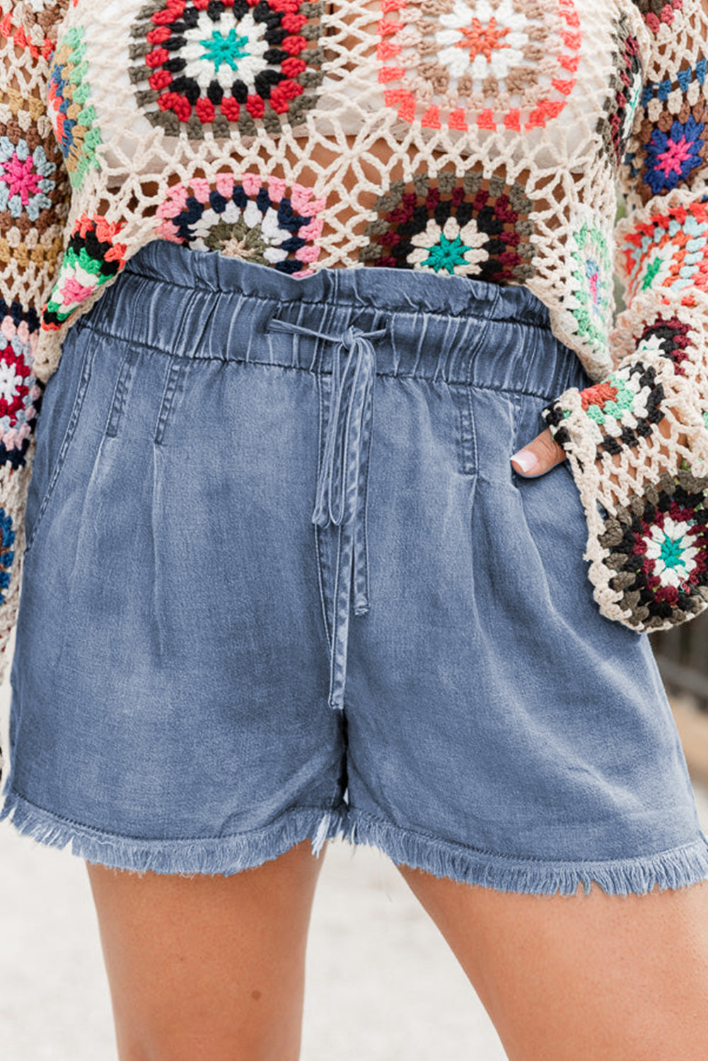 Dusk Blue Raw Hem Lace-up High Waist Plus Size Denim Shorts - loveforevers