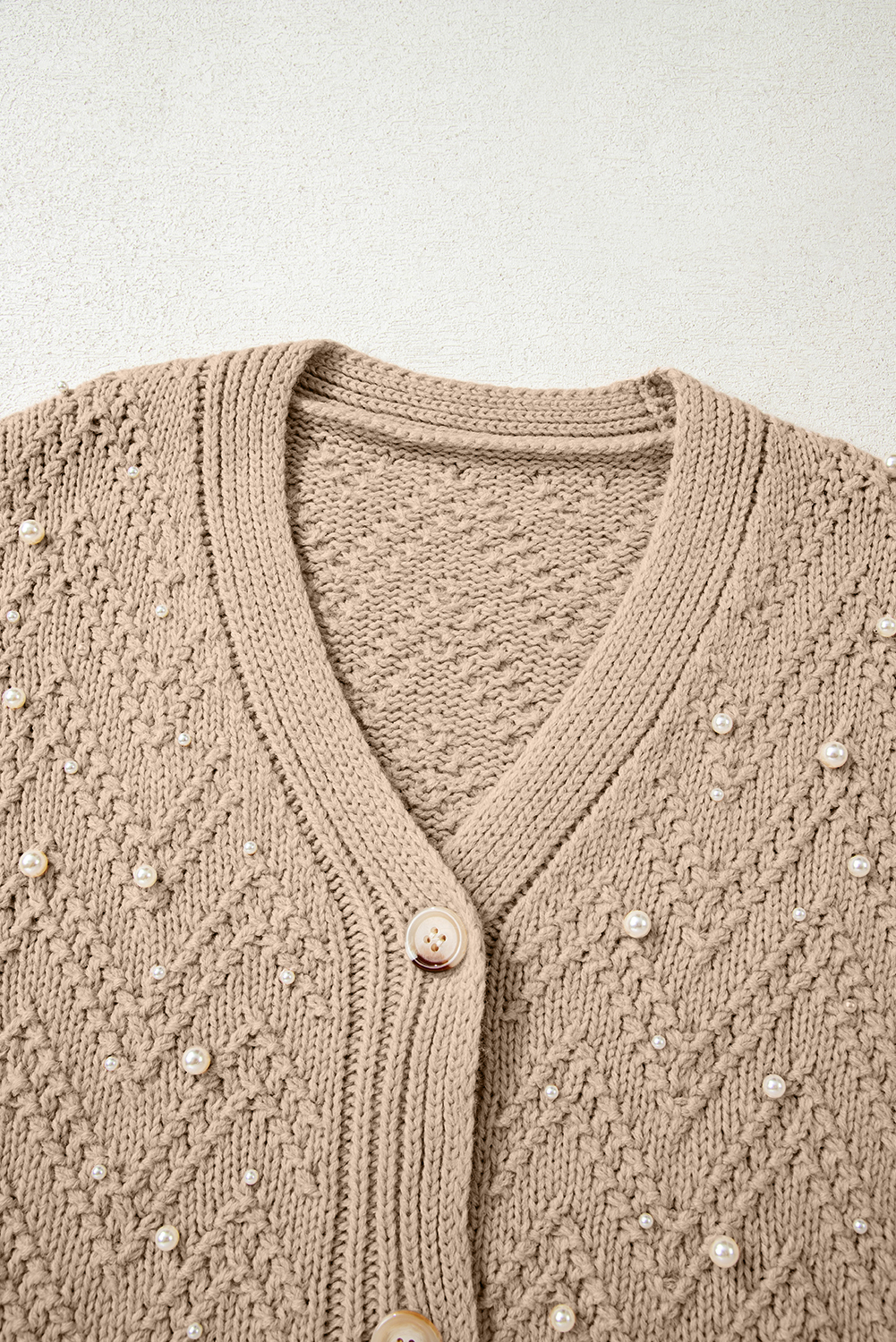 Smoke Gray Pearl Embellished Button Front V Neck Sweater Cardigan - loveforevers