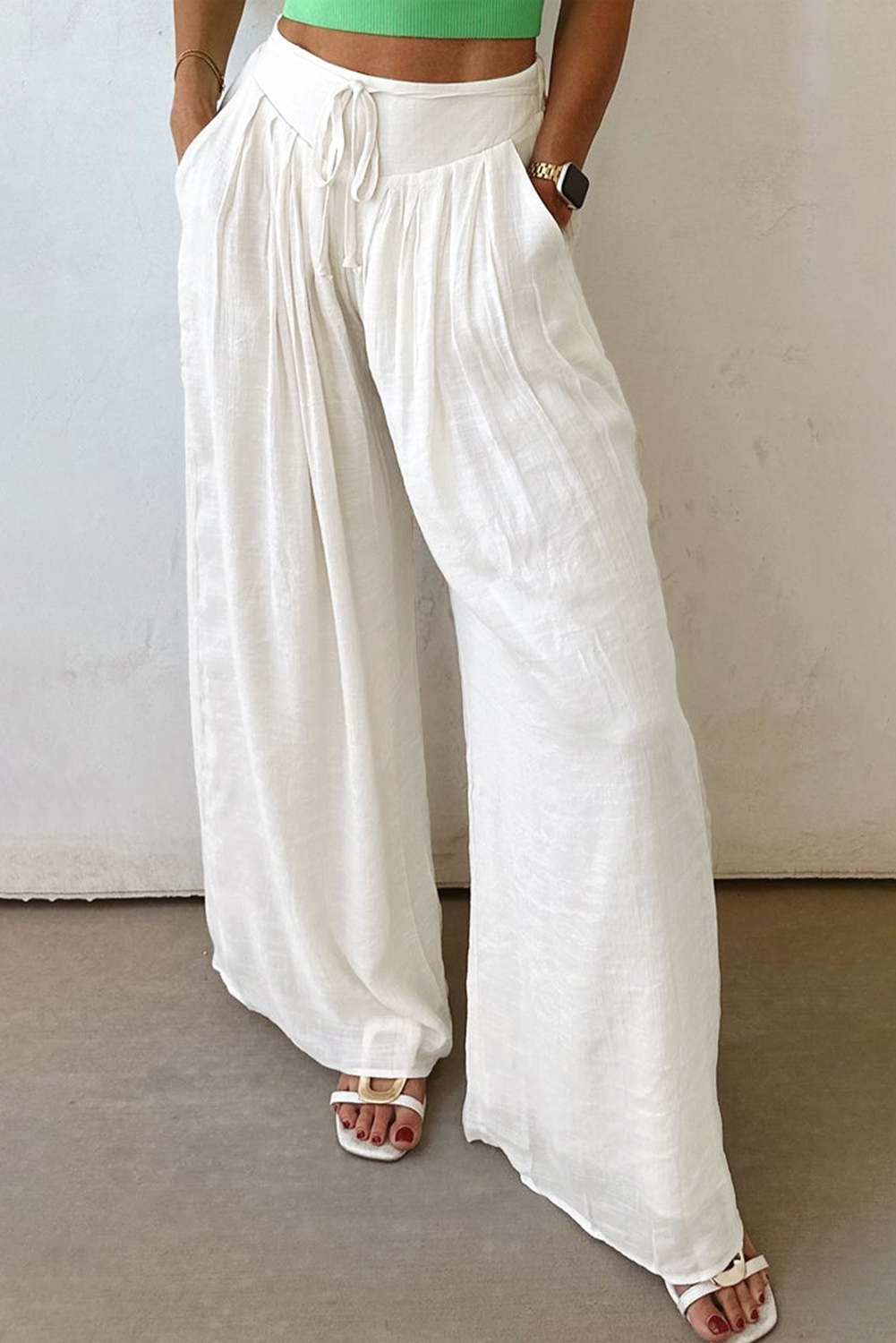 White Solid Drop Waist Pleated Wide Leg Casual Pants - loveforevers