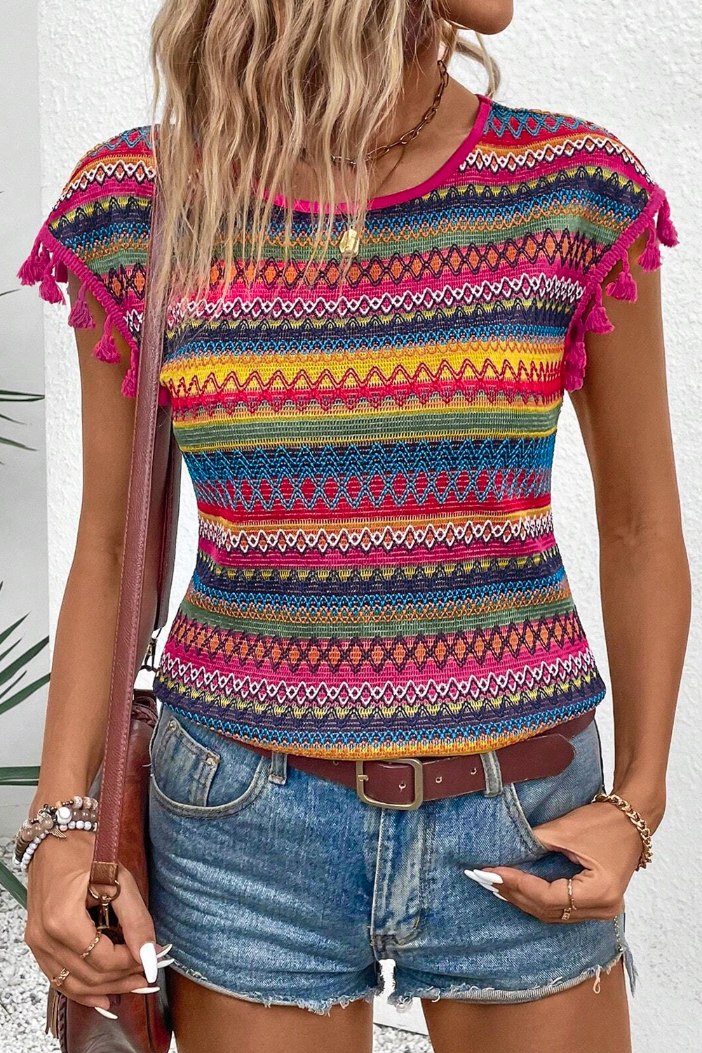 Rose Red Jacquard Textured Tasseled Cap Sleeve Top - loveforevers