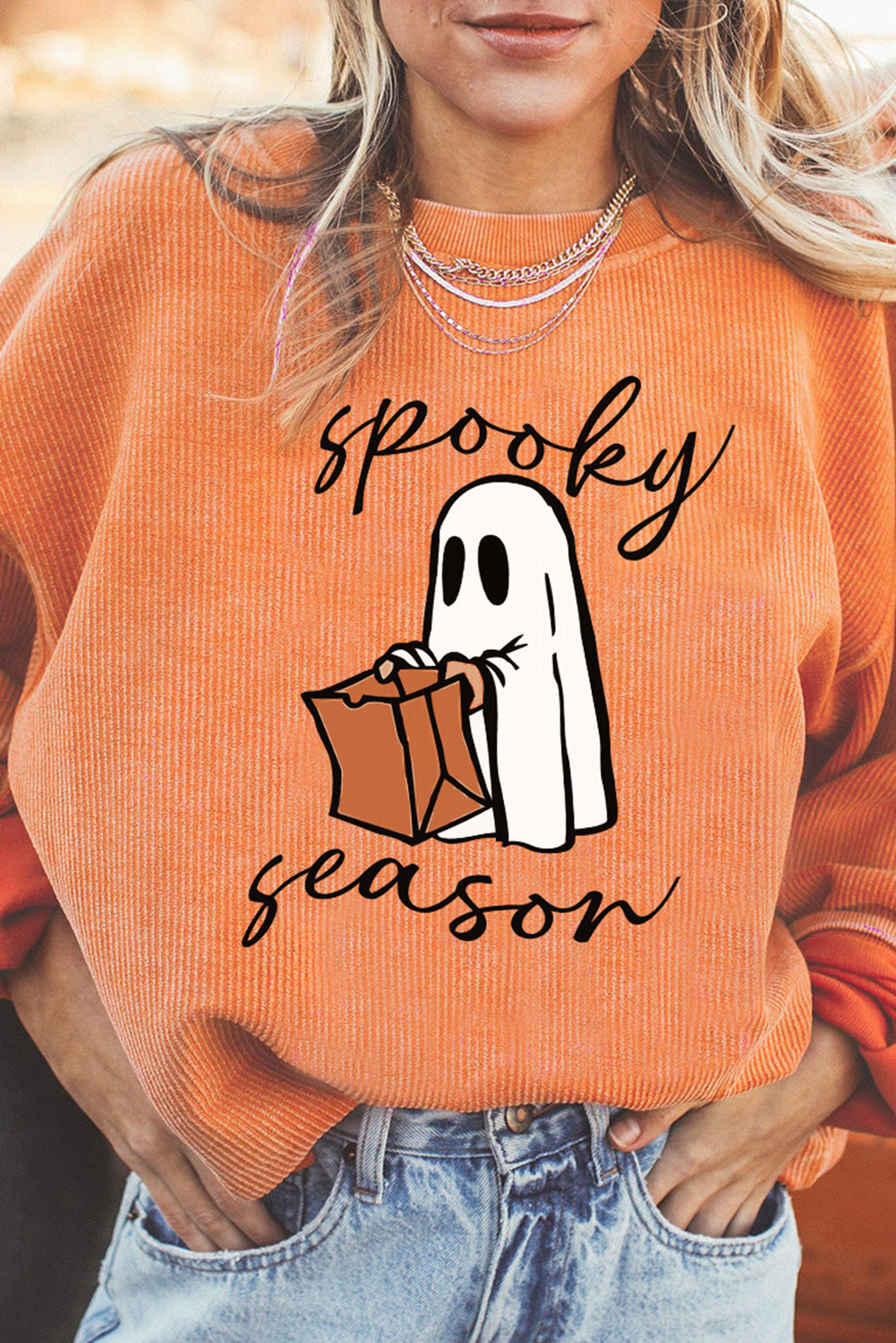 Orange Spooky Season Ghost Print Ribbed Pullover Sweatshirt - loveforevers