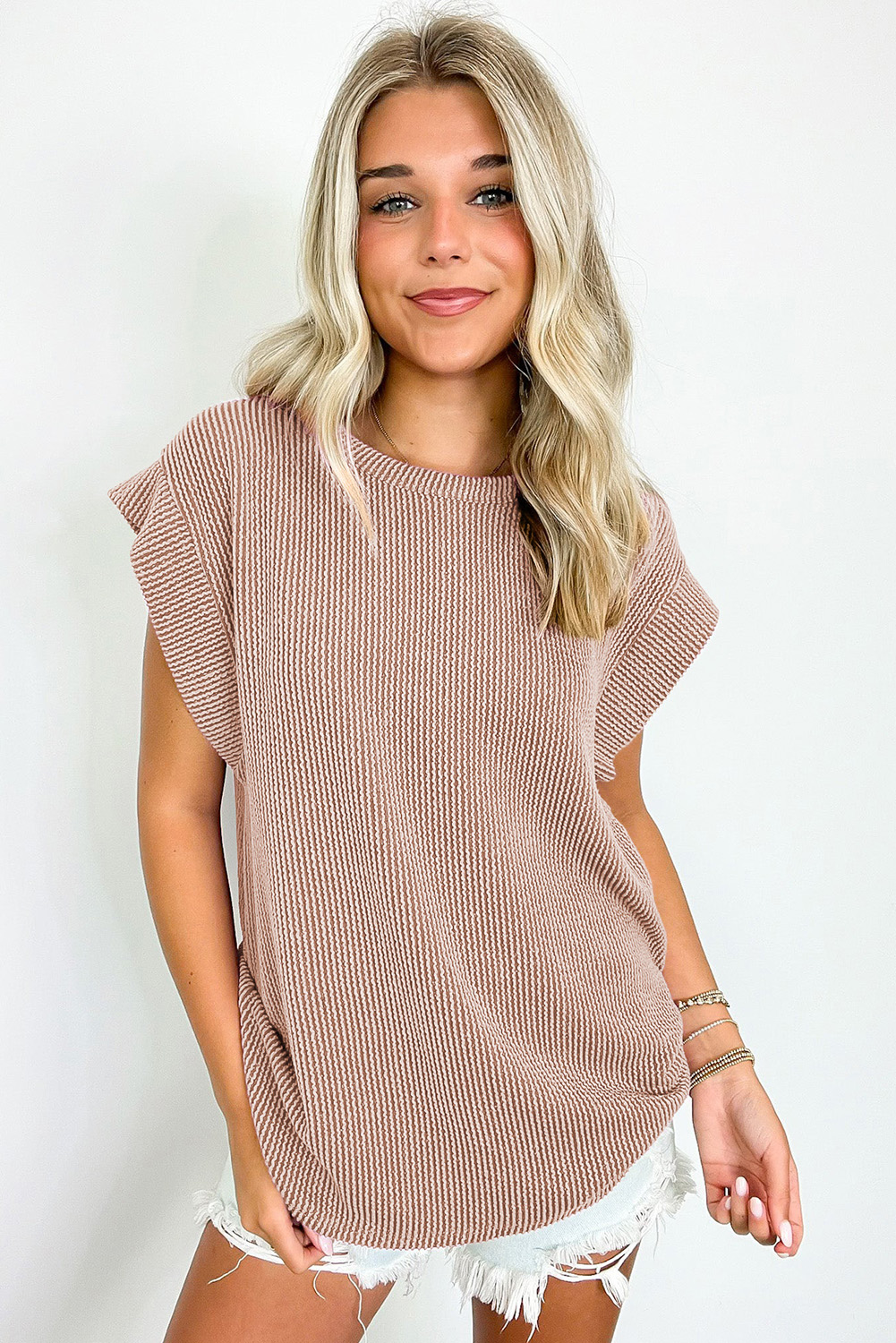 Gray Twisted Rib Wide Sleeve Crew Neck T Shirt - loveforevers