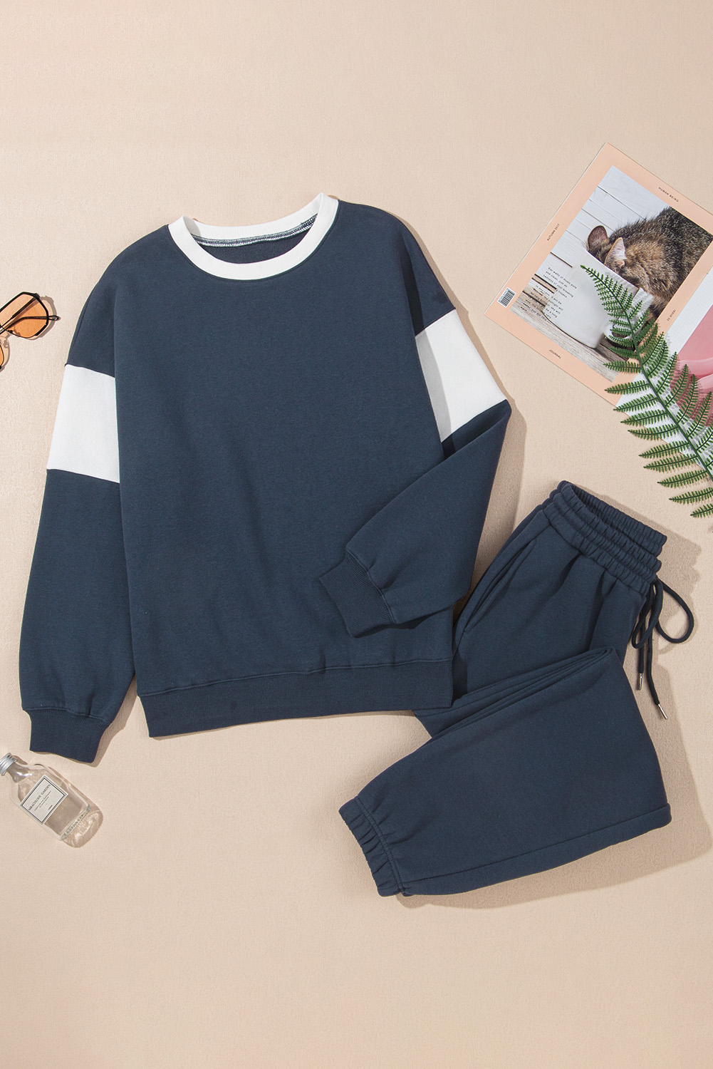 Black Drop Shoulder Loose Sweatshirt and Joggers Active Set - loveforevers