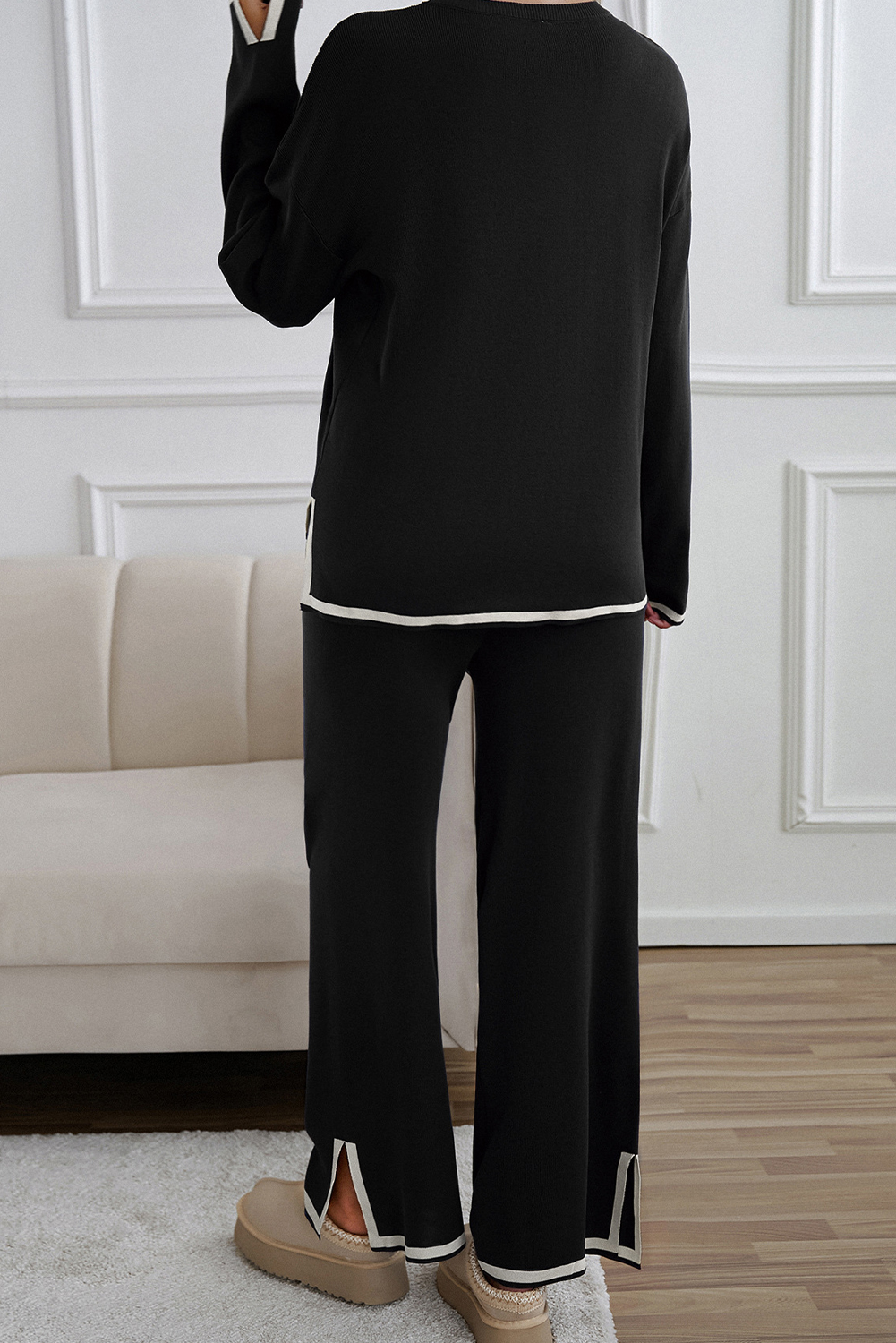 Black Contrast Trim Split Cuffs Long 2pcs Sweater Outfit Loungewear - loveforevers