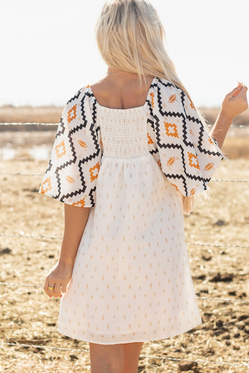 Beige Western Aztec Print Pleated Square Neck Loose Mini Dress - loveforevers