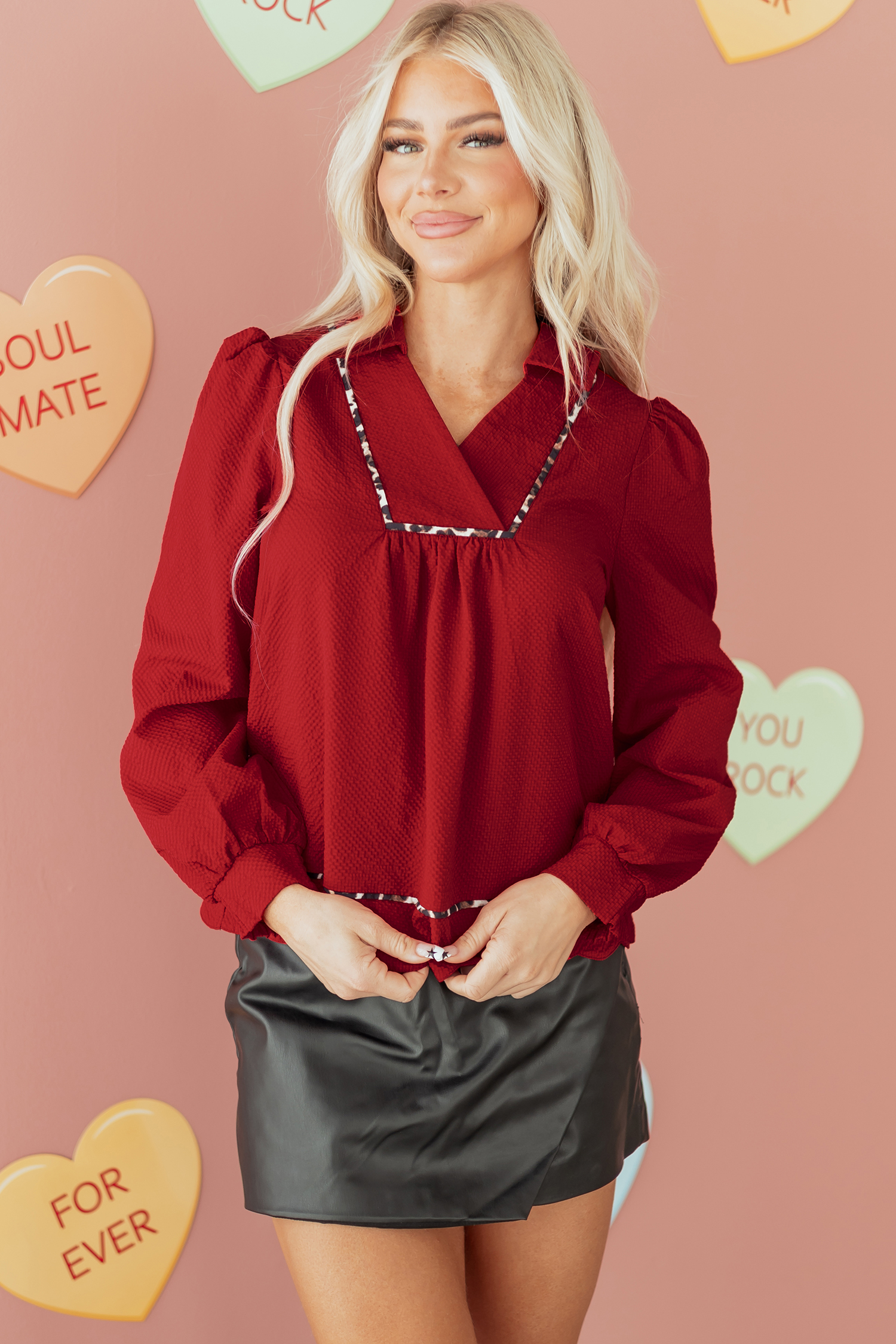 Fiery Red Textured V Neck Leopard Contrasted Trim Long Sleeve Shift Mini Dress - loveforevers