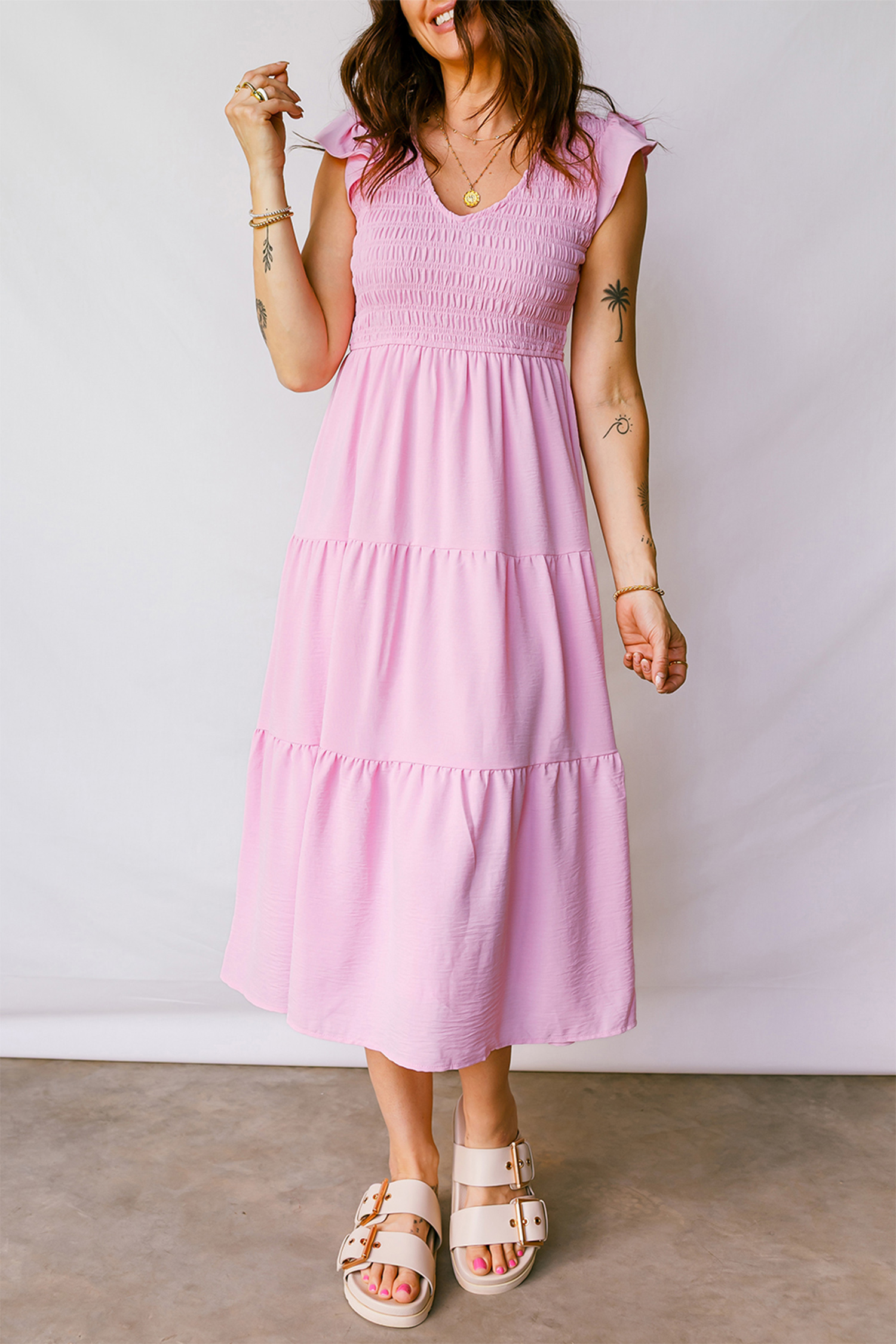 Pink Smocked Bodice Flutter Sleeve Fit Flare Tiered Midi Dress - loveforevers