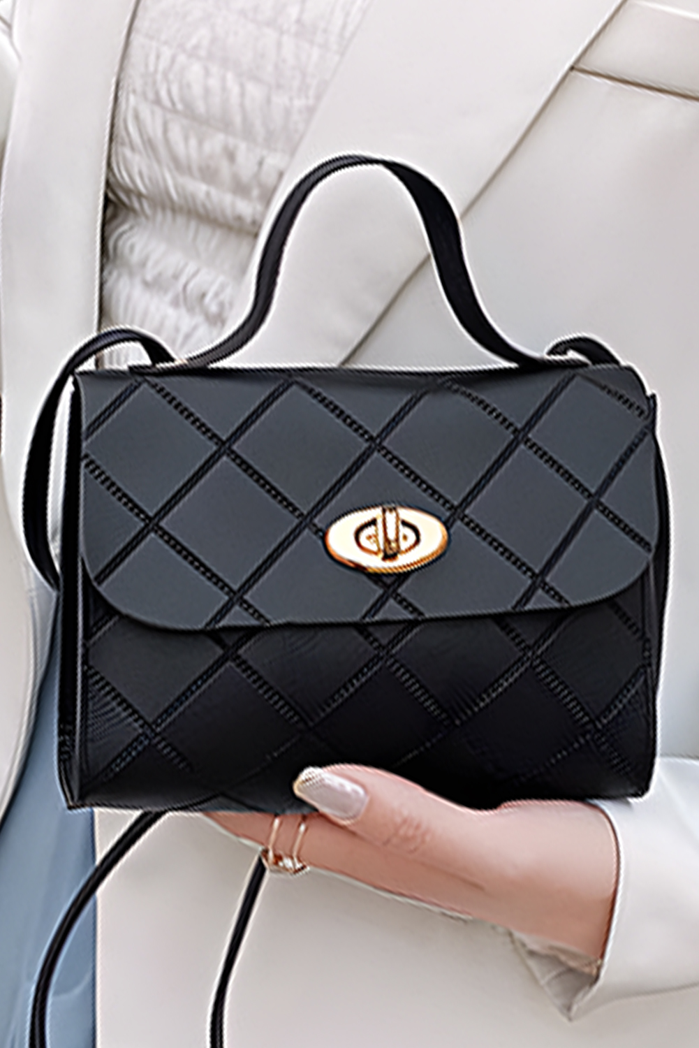 Black PU Leather Diamond Pattern Messenger Bag - loveforevers