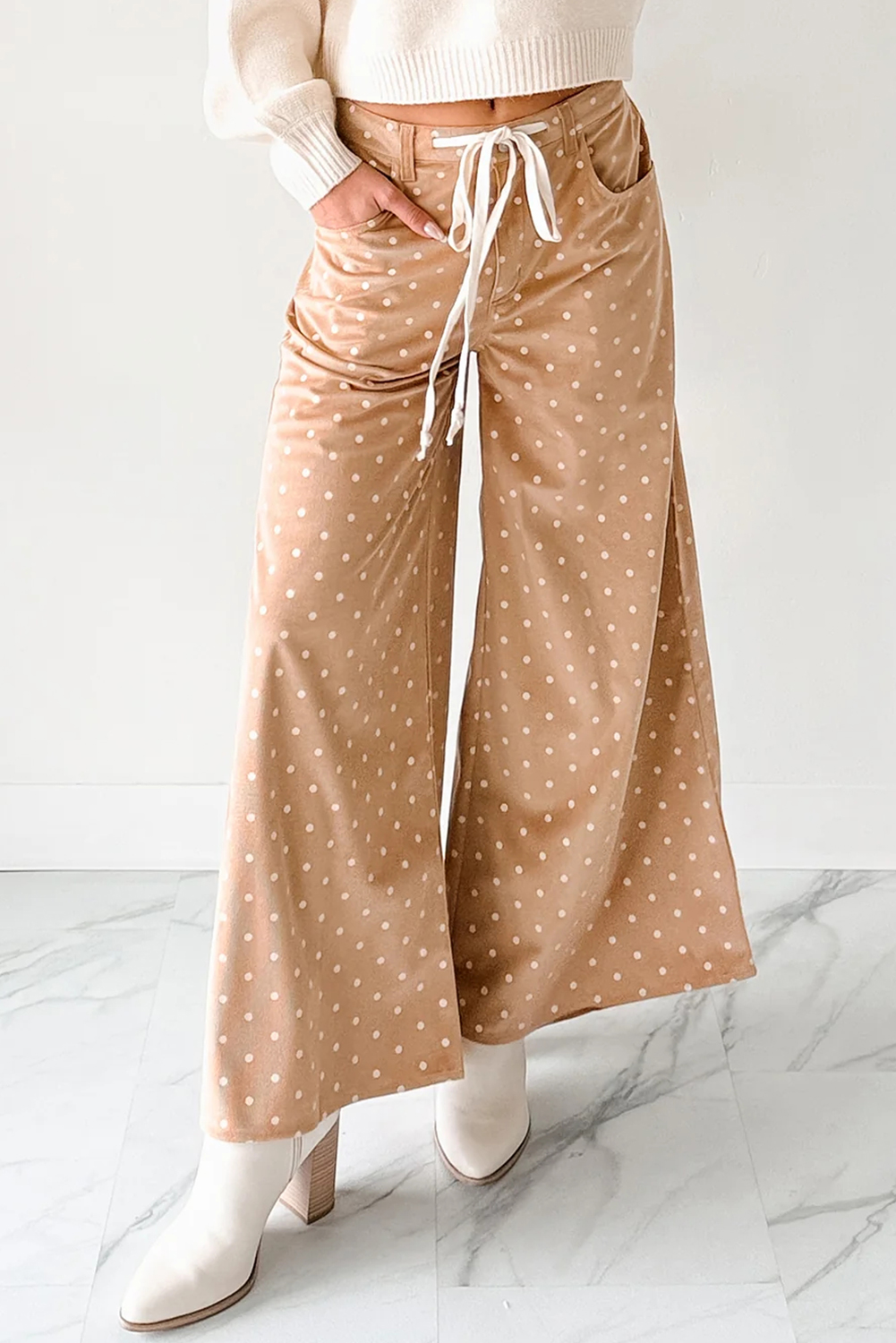 Khaki Polka Dot Print Drawstring Wide Leg Pants - loveforevers