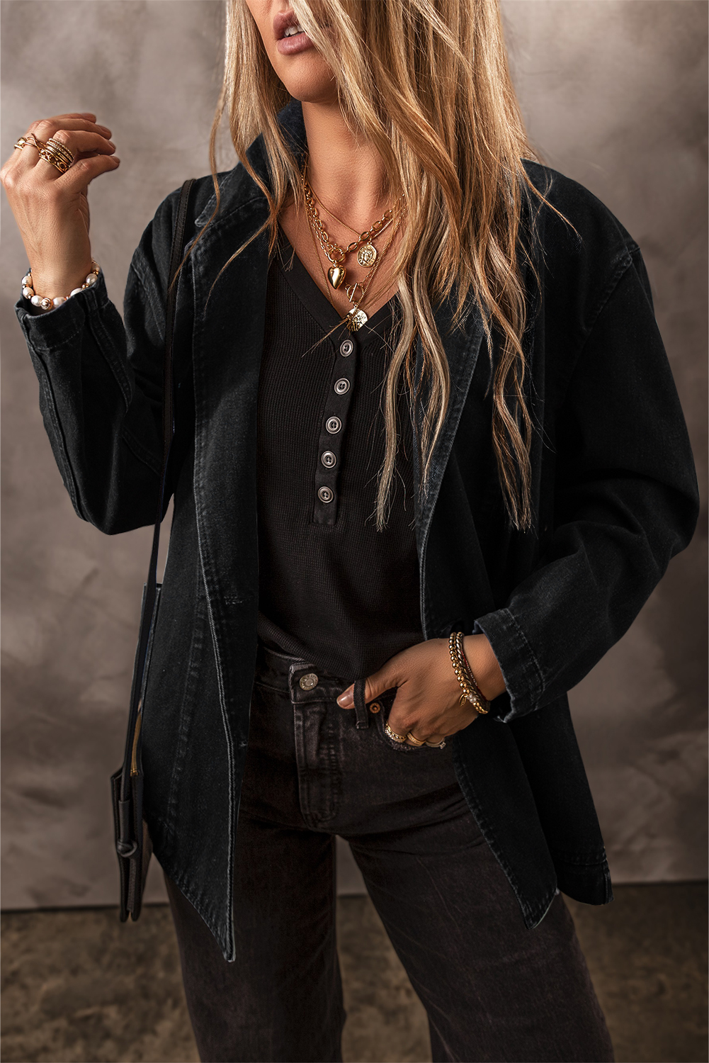 Black Side Pockets Lapel Collar Denim Jacket - loveforevers