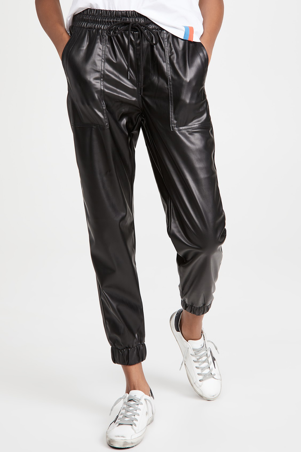 Black Faux Leather Ankle Smocked Waist Drawstring Joggers - loveforevers
