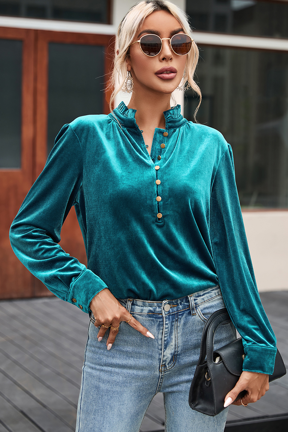 Burgundy Frilled Neck Buttoned Front Velvet Top - loveforevers