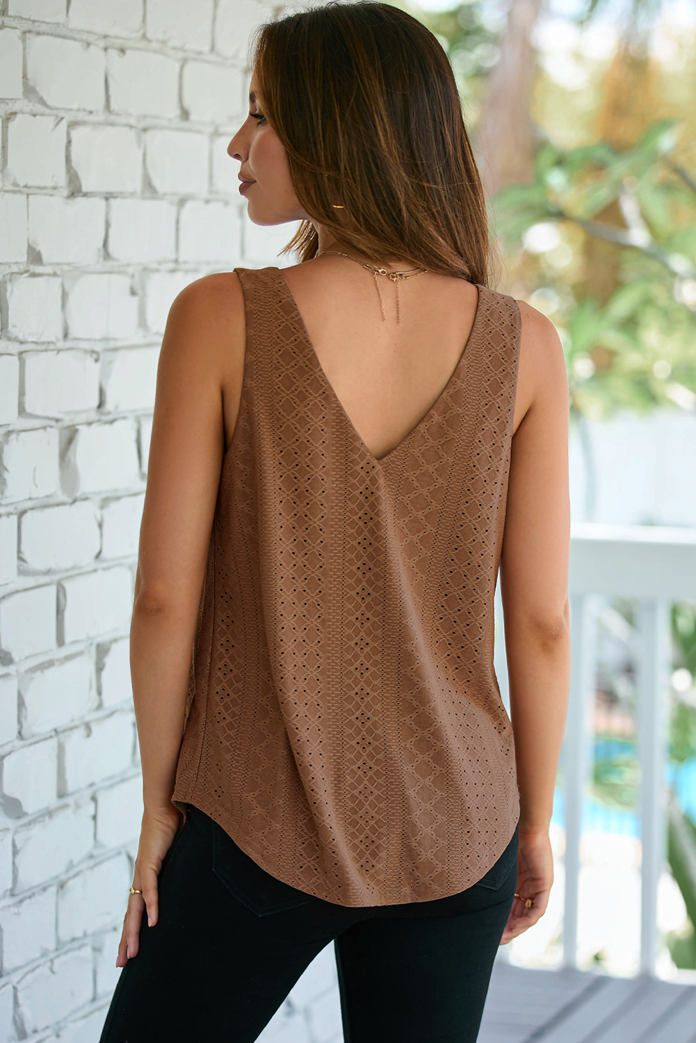 Coffee Eyelet Knit Patterned Loose V Neck Tank Top - loveforevers