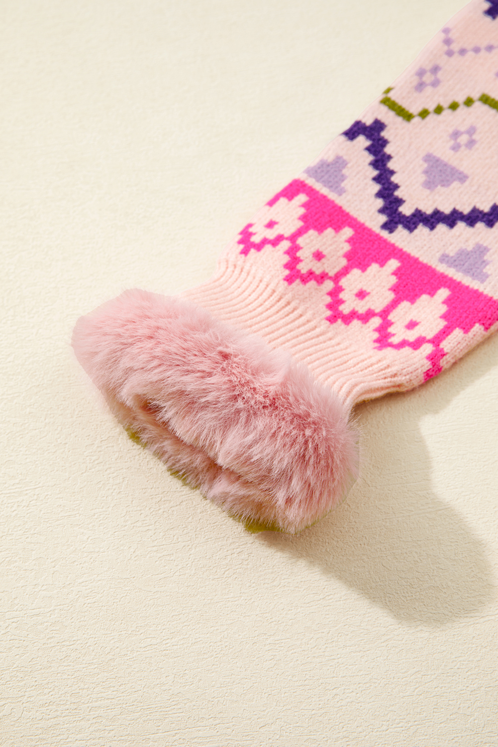 Multicolour Ethnic Christmas Pattern Knit Feather Cuffed Sweater - loveforevers