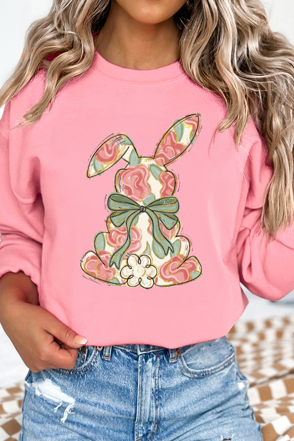 Pink Floral Bow Rabbit Easter Fashion Pullover Sweatshirt - loveforevers