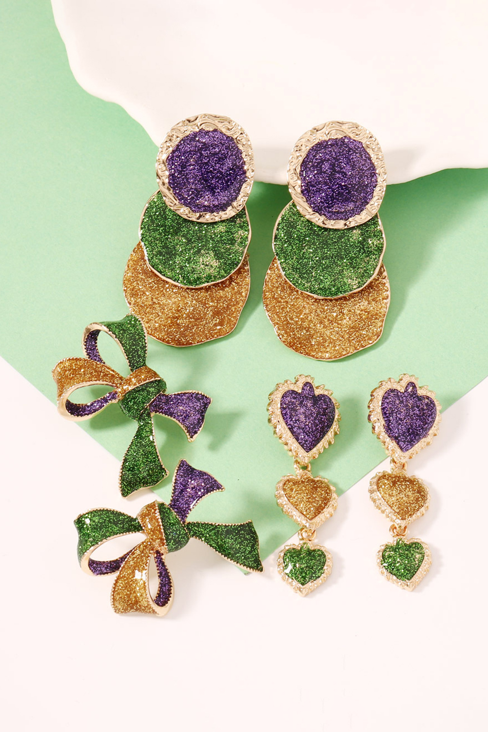 Tillandsia Purple 3D Mardi Gras Bow Dazzling Earrings - loveforevers