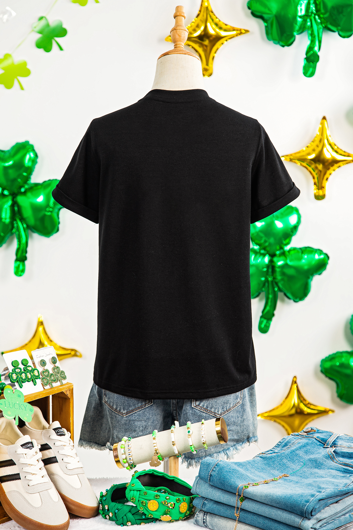 Black LUCKY Rhinestone Graphic Rolled Sleeve Tee - loveforevers