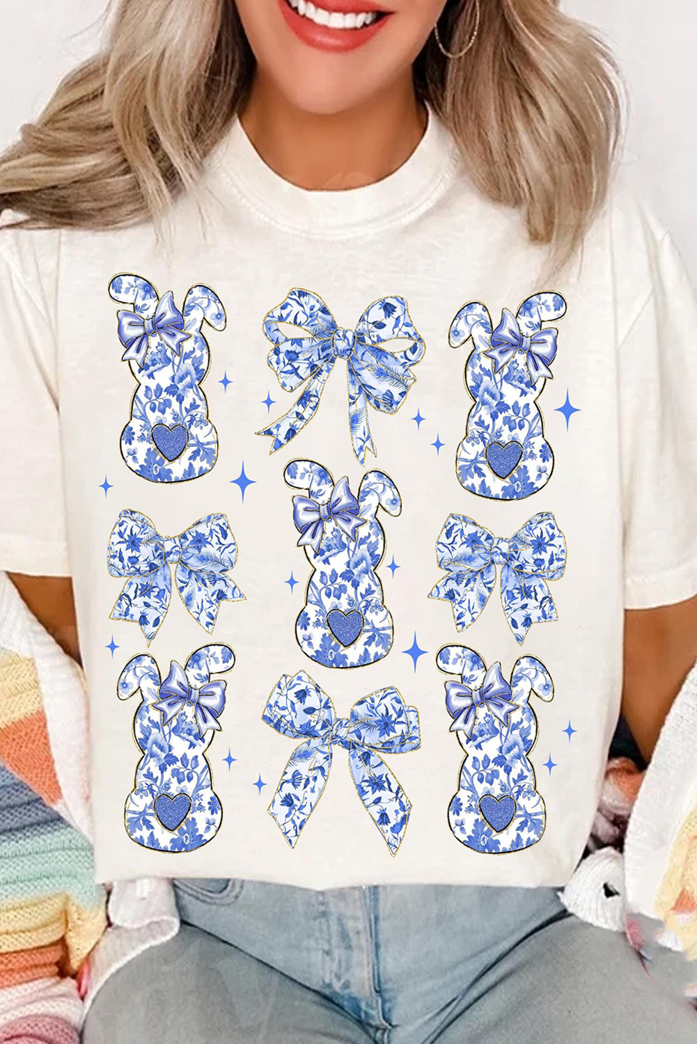 White Bowknot Bunny Graphic Easter Fashion T Shirt - loveforevers