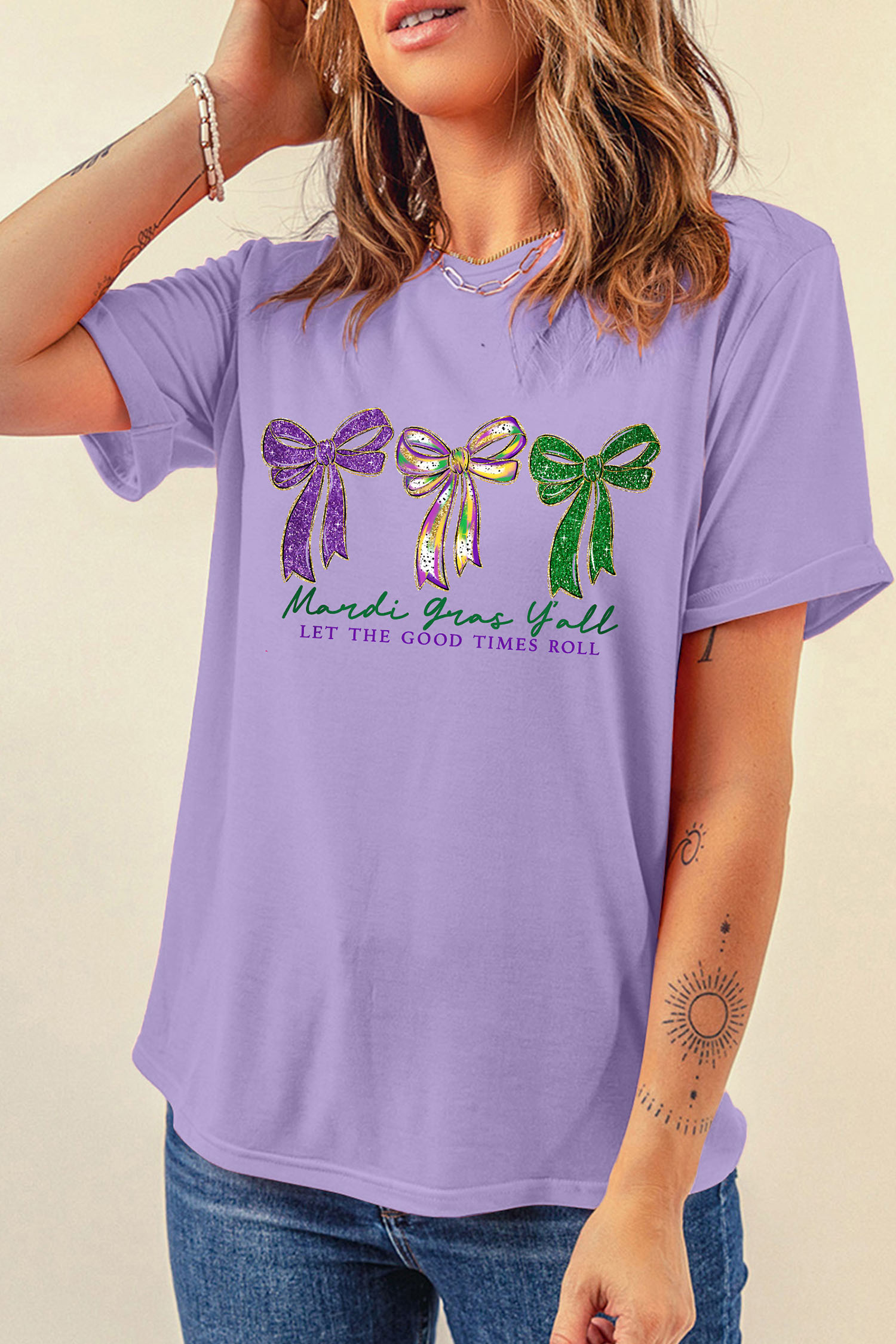 Wisteria Mardi Gras Ribbon Bow Slogan Printed Casual T Shirt - loveforevers