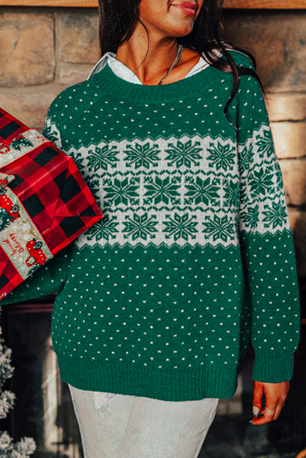 Green Christmas Snowflake Dotted Print Round Neck Sweater - loveforevers