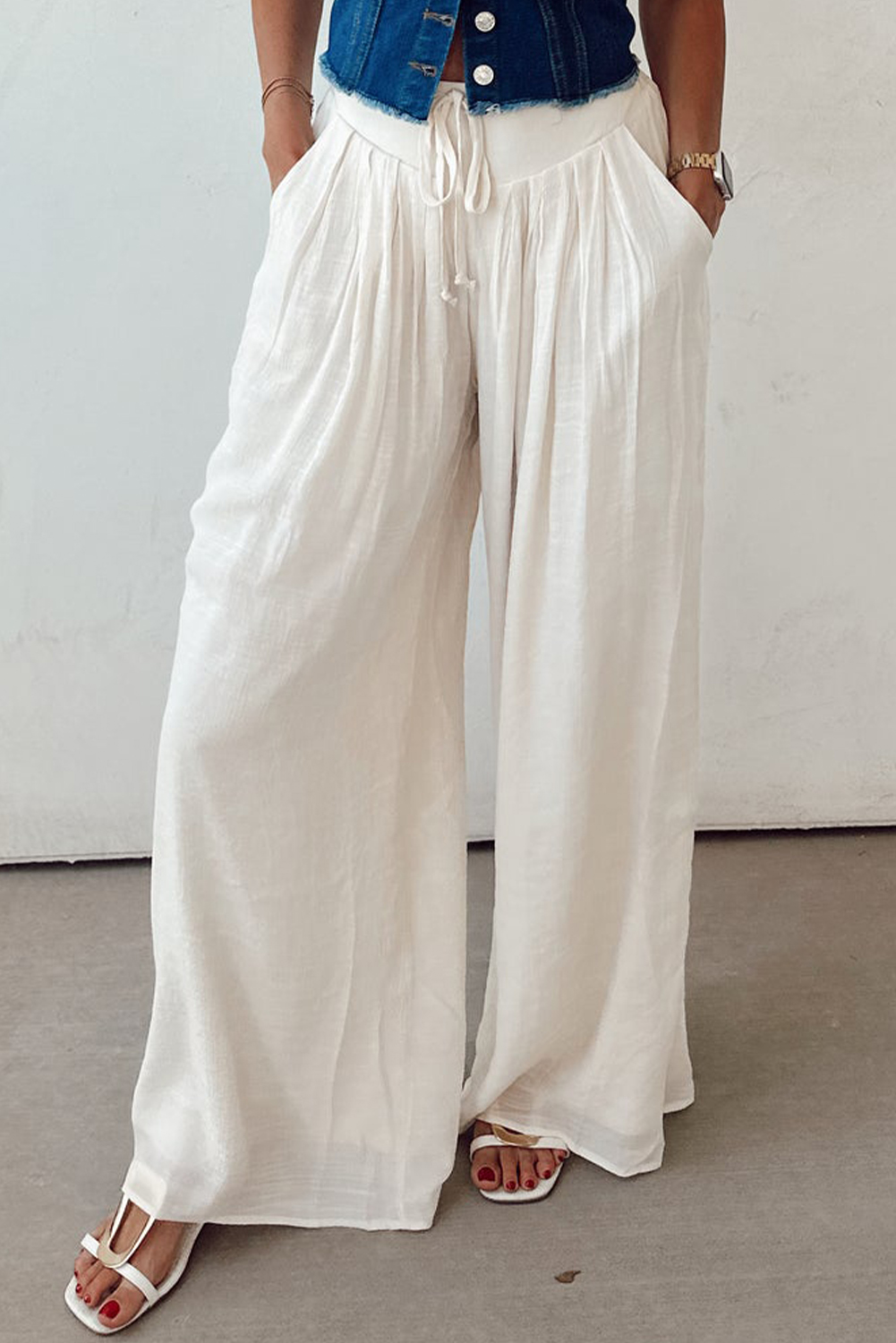 White Solid Drop Waist Pleated Wide Leg Casual Pants - loveforevers
