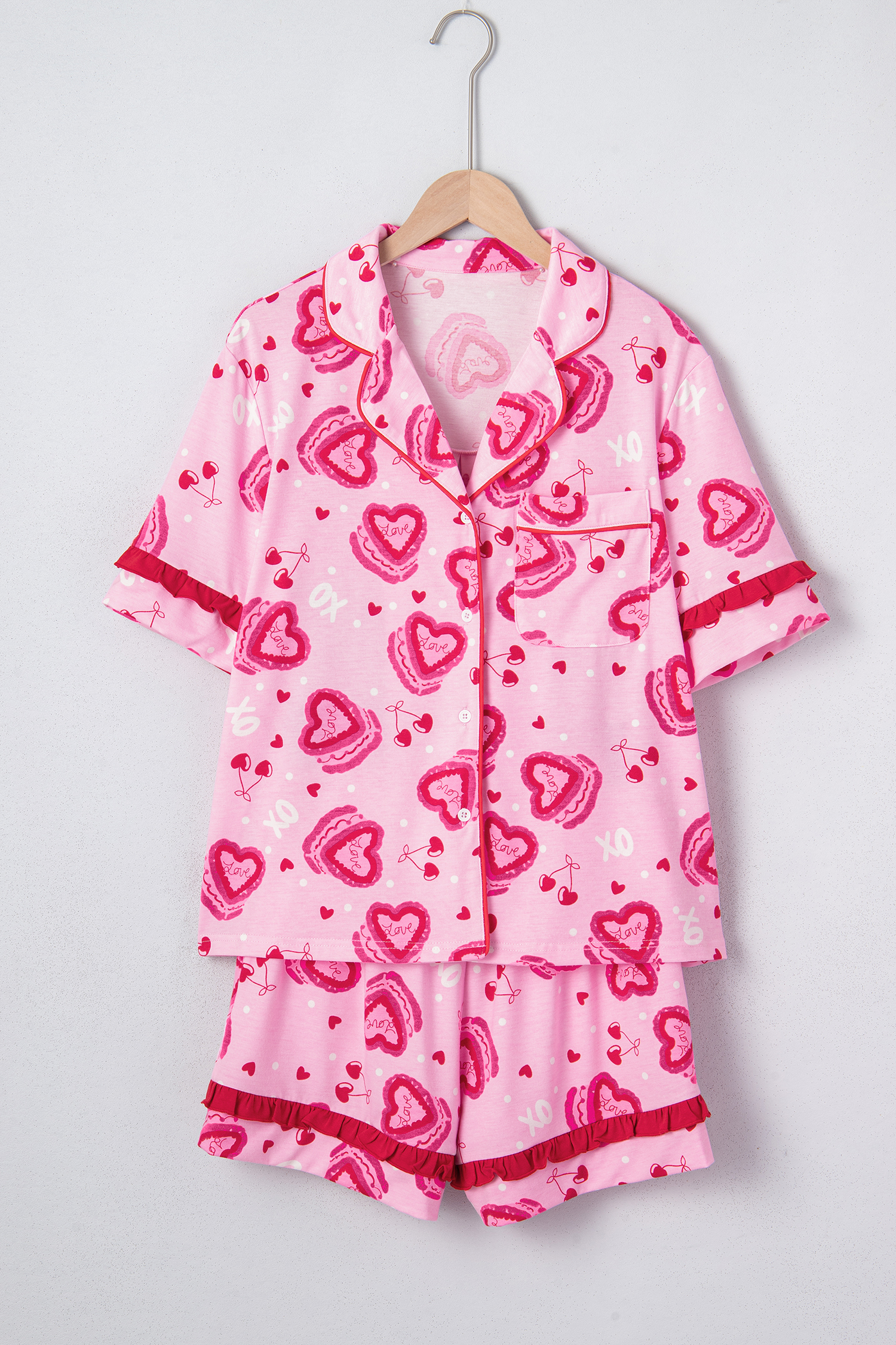 Pink Sweet Heart Cake Print Contrast Ruffle Trim Valentines 2pcs Pajama Set - loveforevers