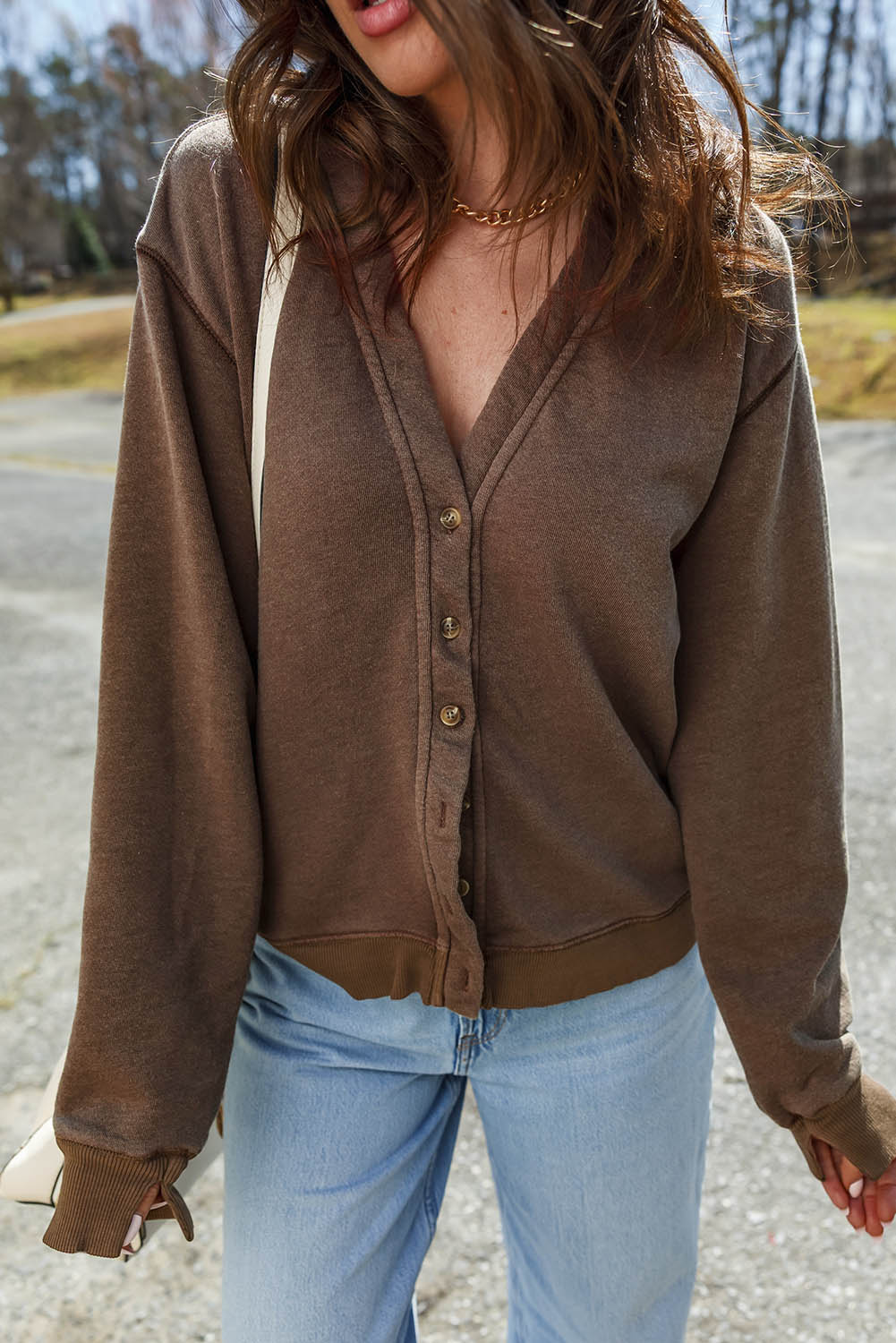 Coffee Button Front V Neck Casual Cardigan - loveforevers