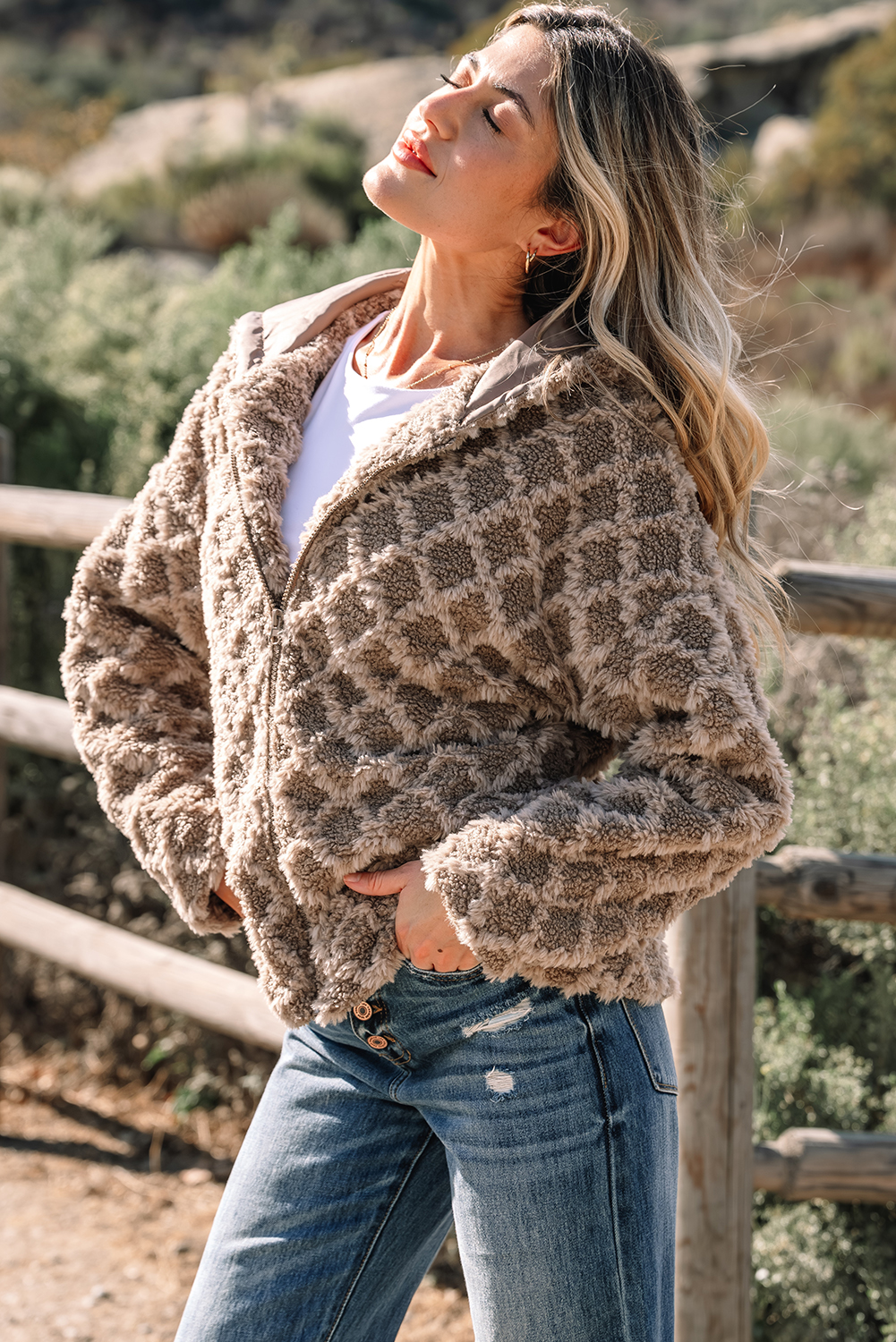 Chestnut Sherpa Rhombus Zip Up Side Pocket Hooded Jacket - loveforevers