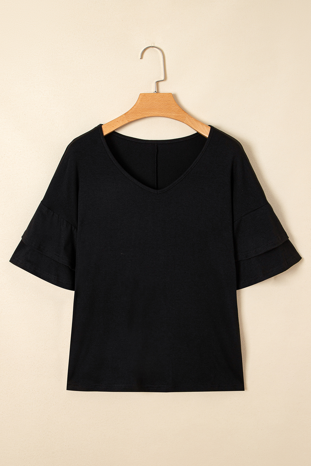 Sail Blue Solid Colour V-Neck Double Layer Sleeve Loose T-Shirt - loveforevers
