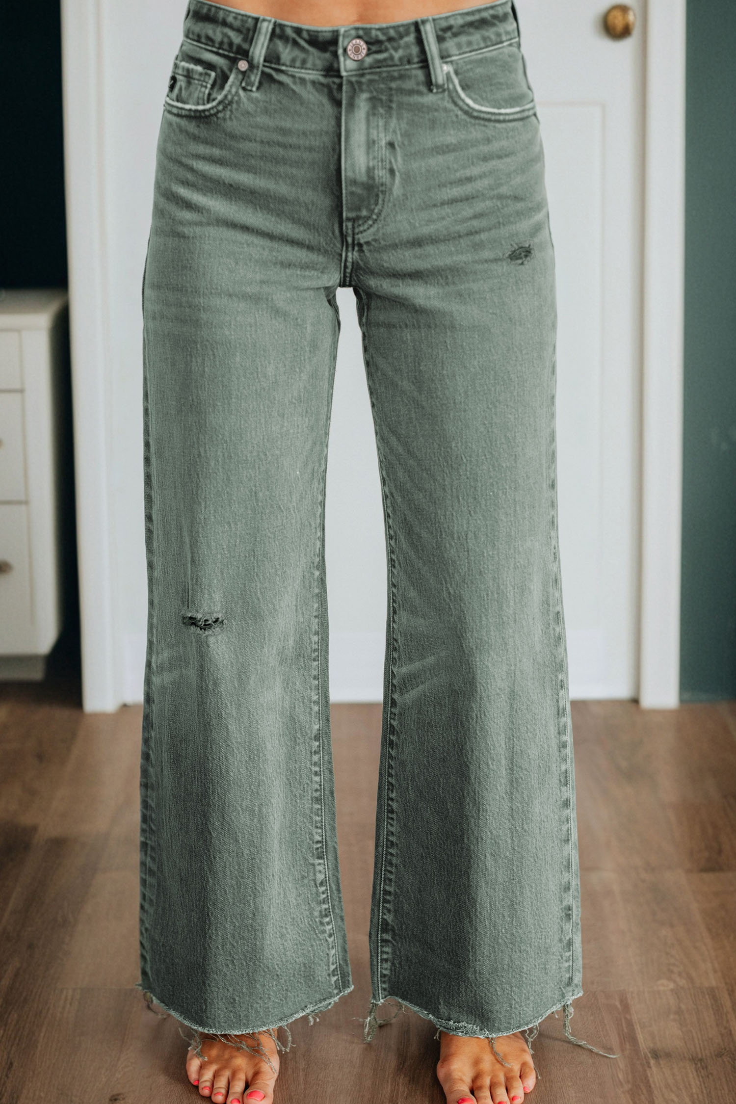 Four Leaf Clover Slight Distressed Raw Edge Wide Leg Jeans - loveforevers