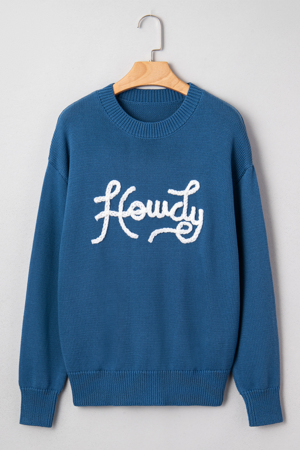 Dusk Blue Howdy Embroidered Graphic Western Sweater - loveforevers