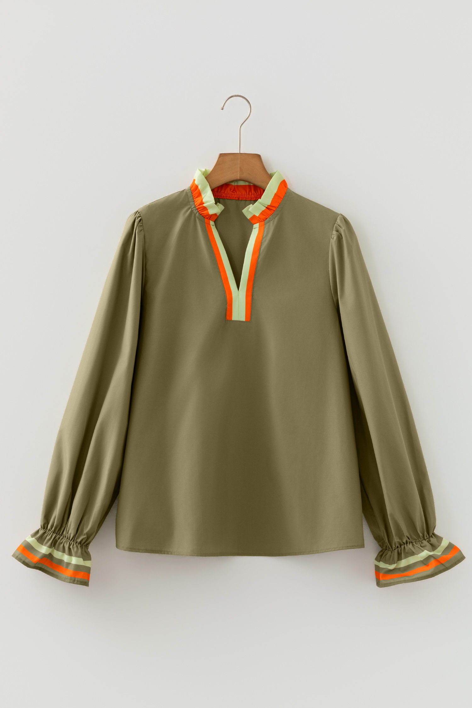 Four Leaf Clover Striped Trim Ruffle Split Neck Long Sleeve Blouse - loveforevers