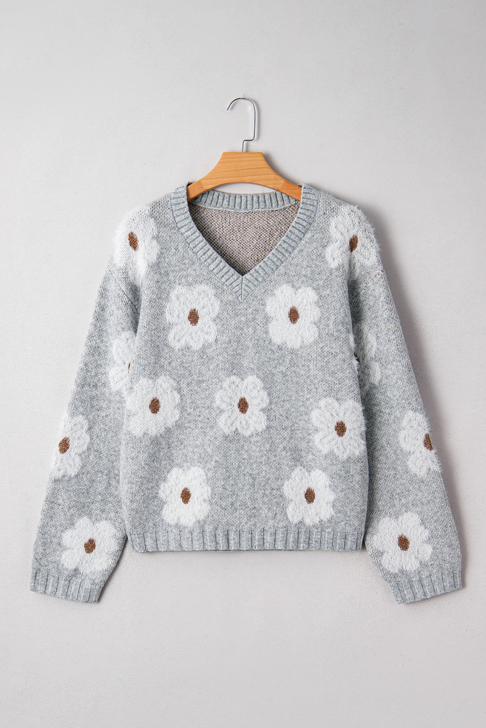 Gray Cute Flower Print V Neck Drop Shoulder Baggy Sweater - loveforevers