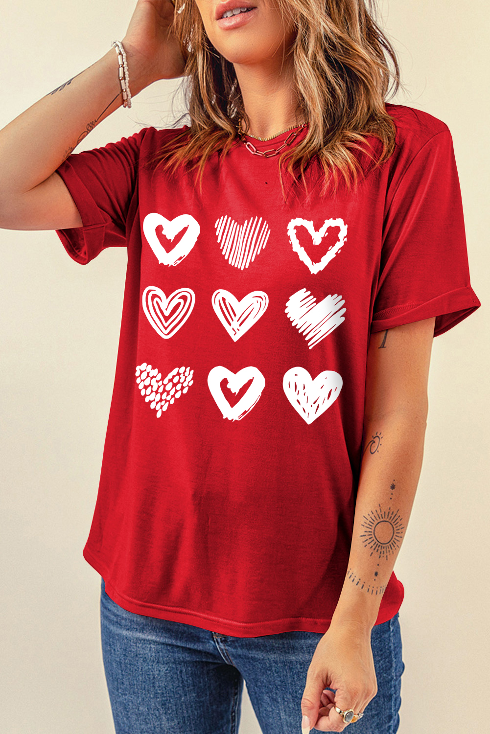 Red Diverse Heart Printed Crewneck Valentines Tee - loveforevers