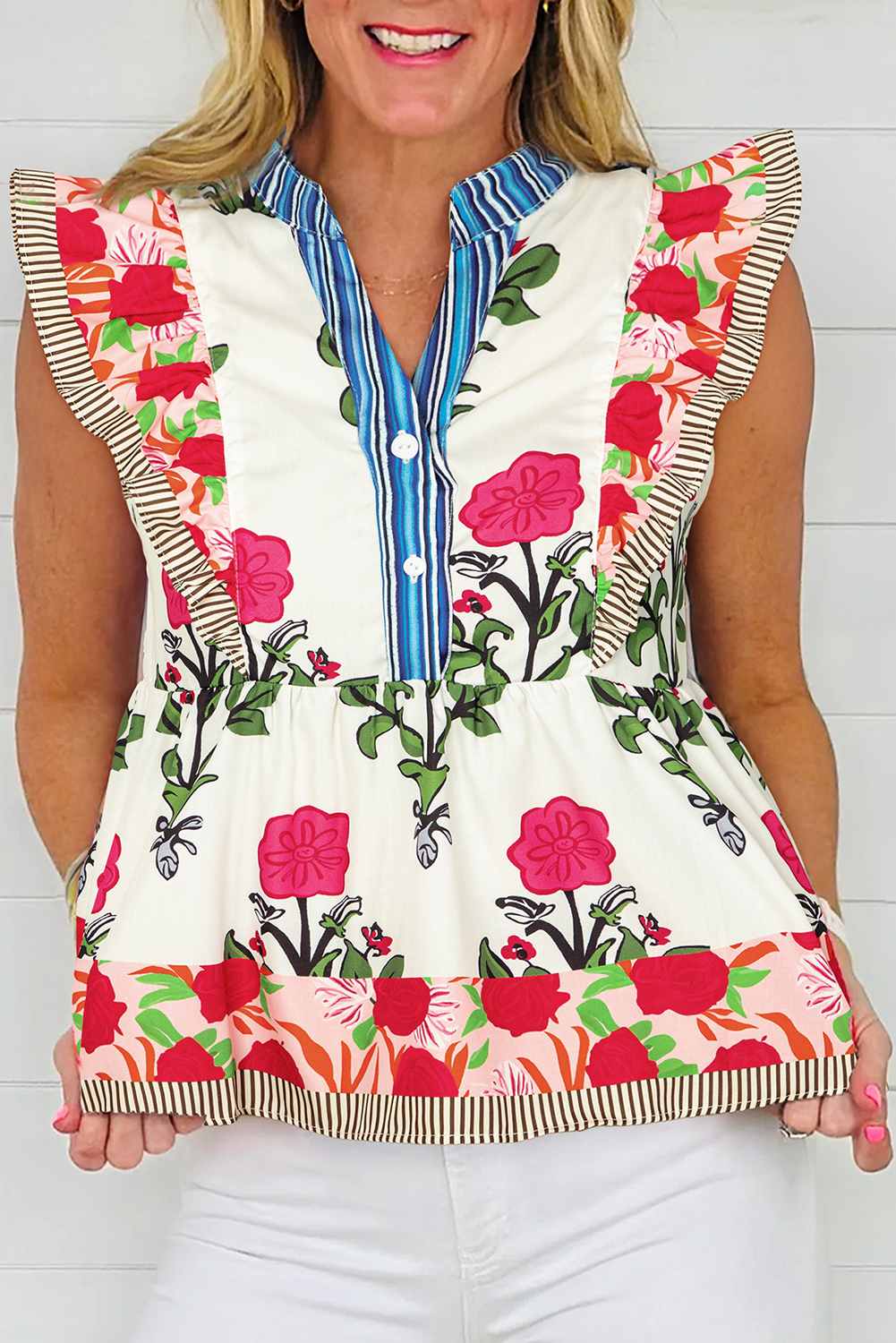 Pink Floral Print Tie Neck Striped Detail Flutter Sleeve Blouse - loveforevers