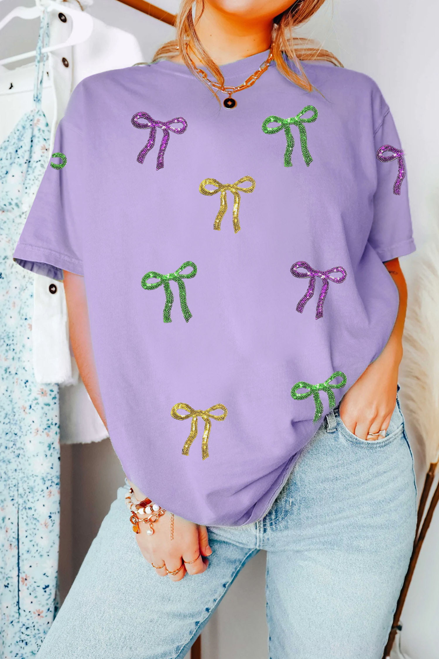 Wisteria Mardi Gras Sequin Bow Crew Neck T Shirt - loveforevers