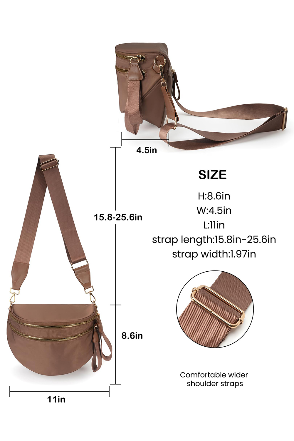 Light Grey Double Zip Crescent Shape Adjustable Sling Bag - loveforevers