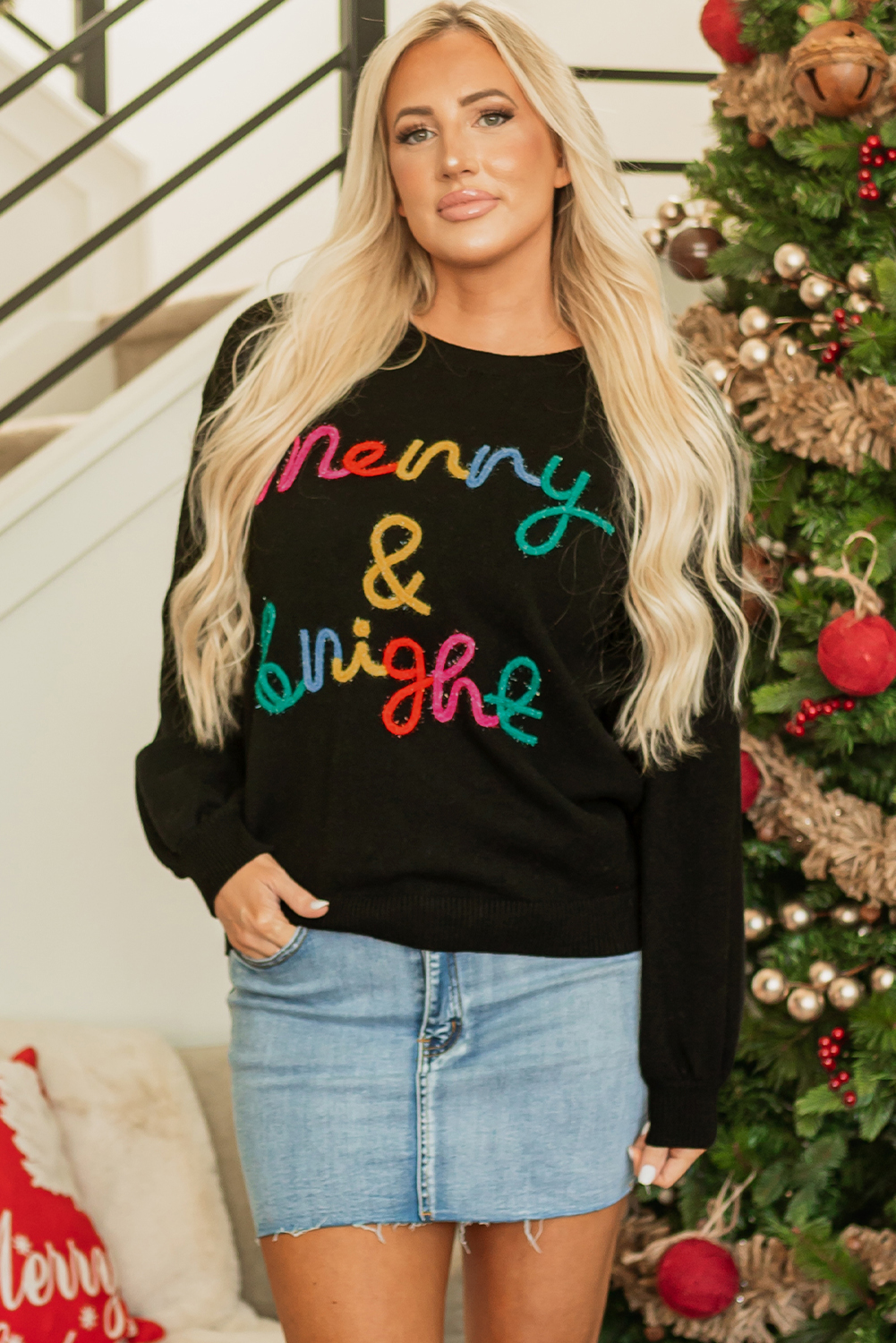 Black Colorful Merry & Bright Tinsel Graphic Sweater - loveforevers