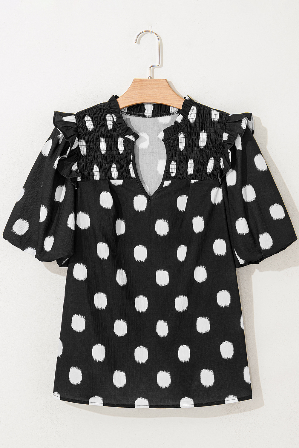 Black Polka Dot Print Shirred Yoke Notched Neck Balloon Sleeve Blouse - loveforevers