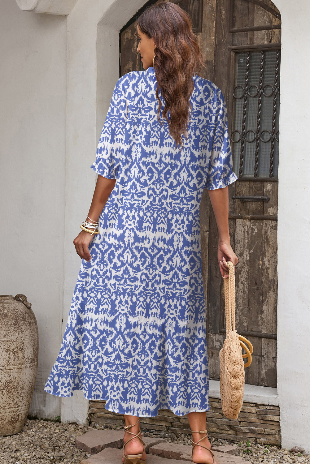 Sky Blue Geometric Print V Neck Casual Long Dress - loveforevers