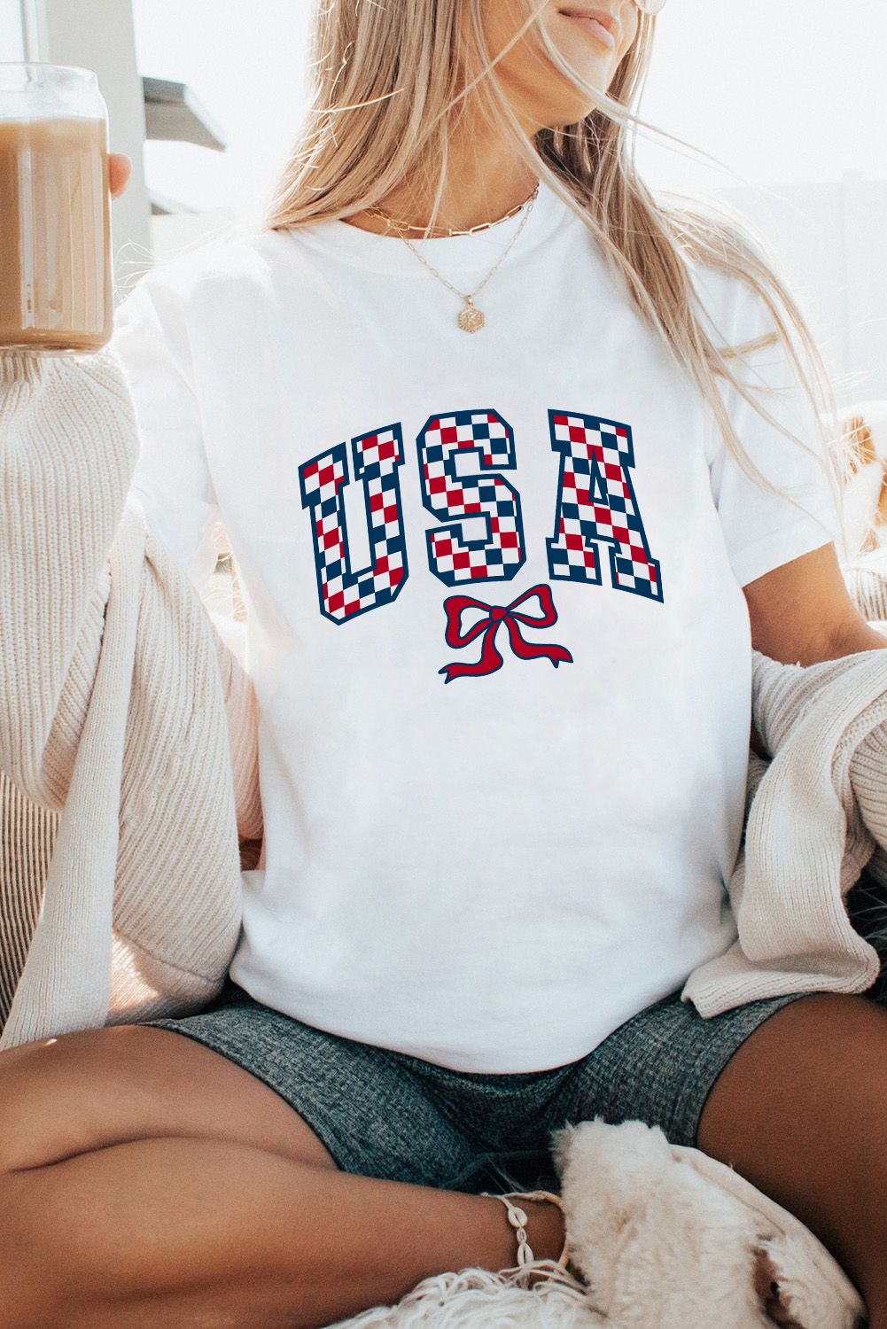 White Checkered USA Graphic Casual Tee - loveforevers