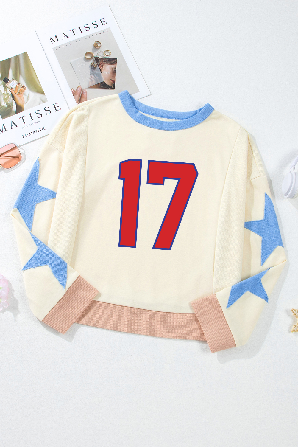 Beige Number 17 Printed Stars Patched Sleeve Cropped Sweatshirt - loveforevers