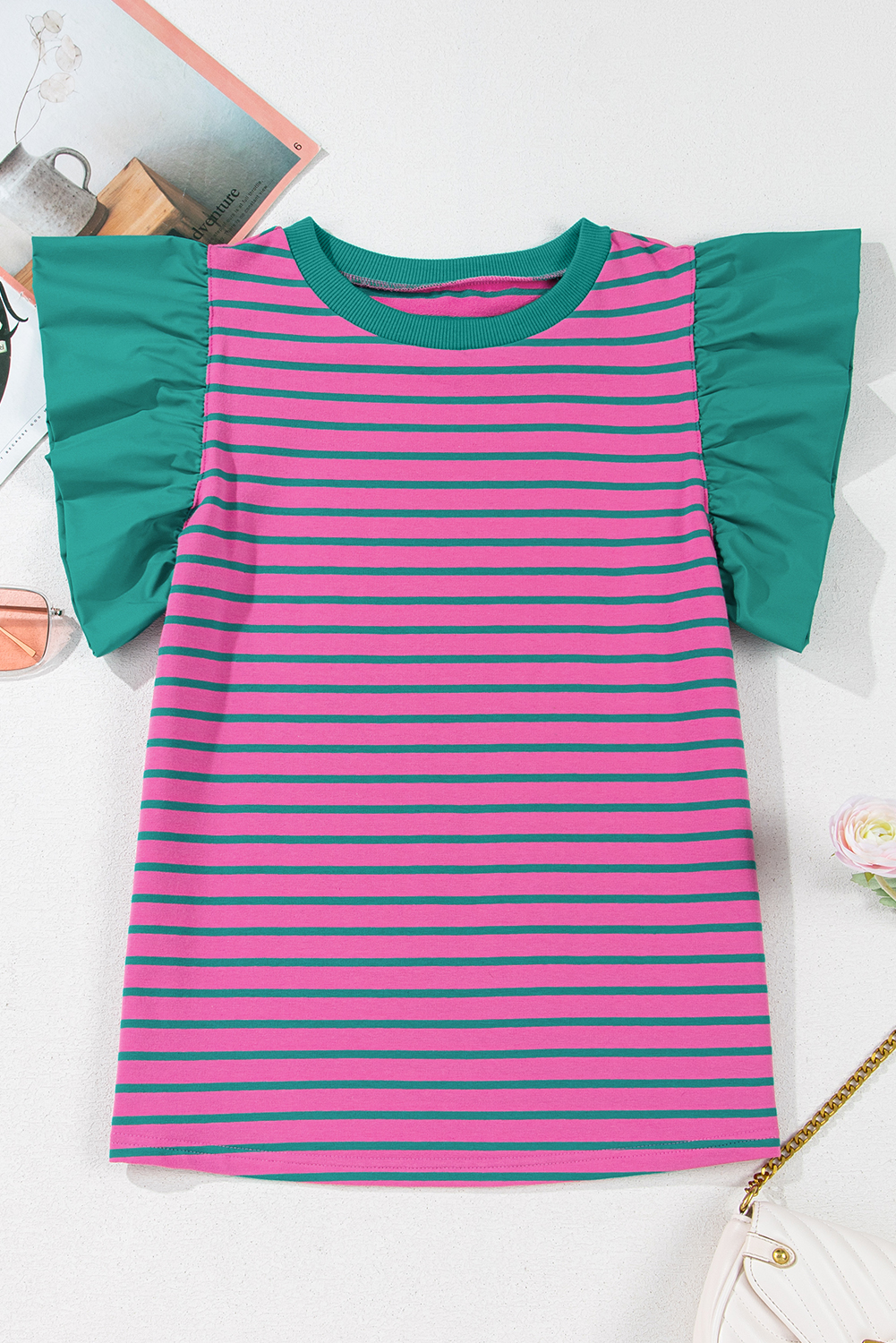 Pink Stripe Collared V Neck Puff Sleeve T Shirt Dress - loveforevers