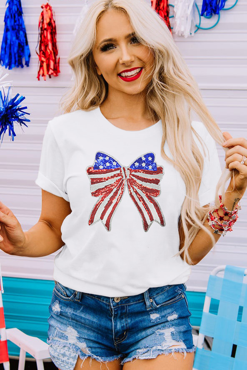 White USA Flag Bow Knot Patched Crew Neck T Shirt - loveforevers
