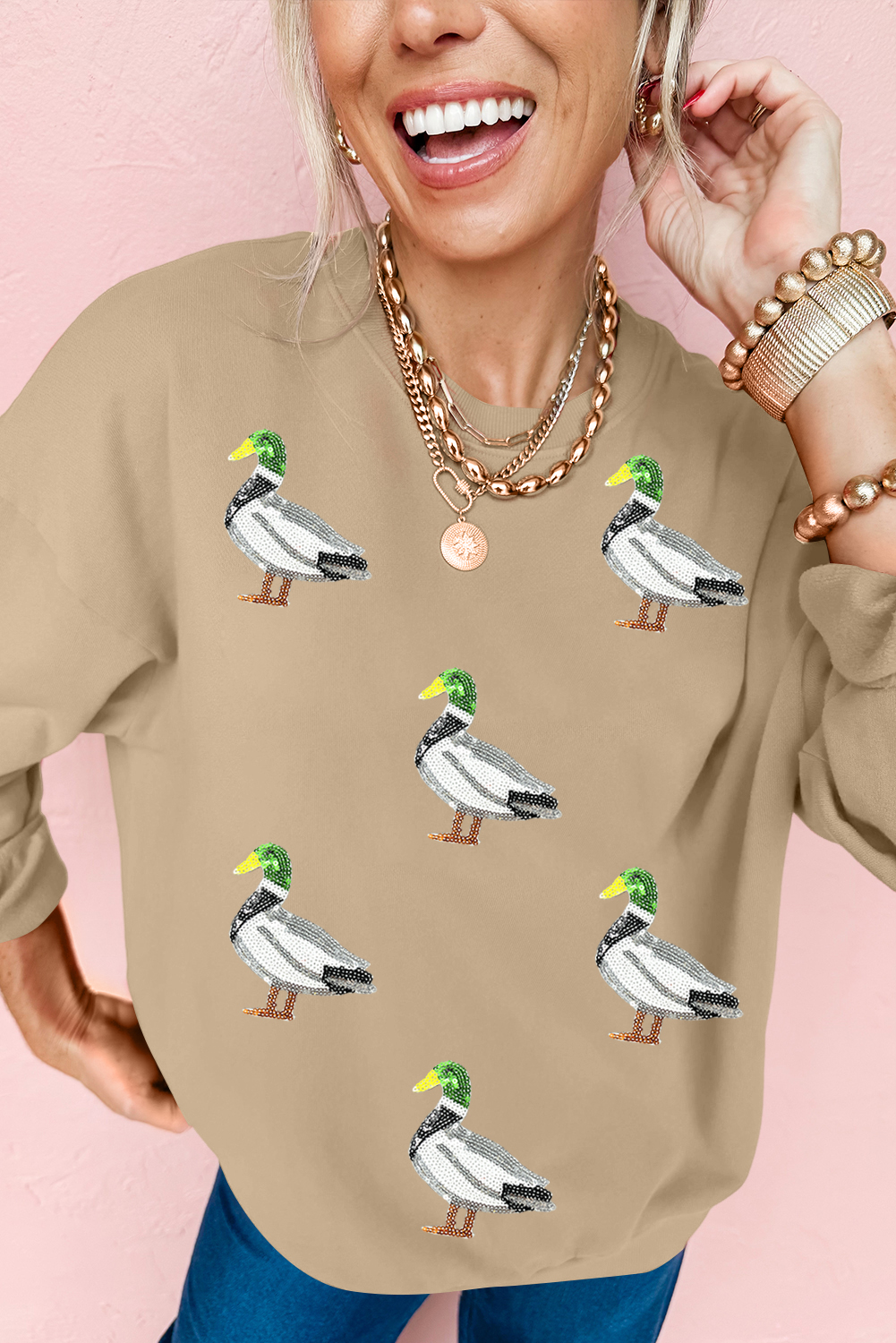 Khaki Sequin Mallard Duck Graphic Baggy Sweatshirt - loveforevers