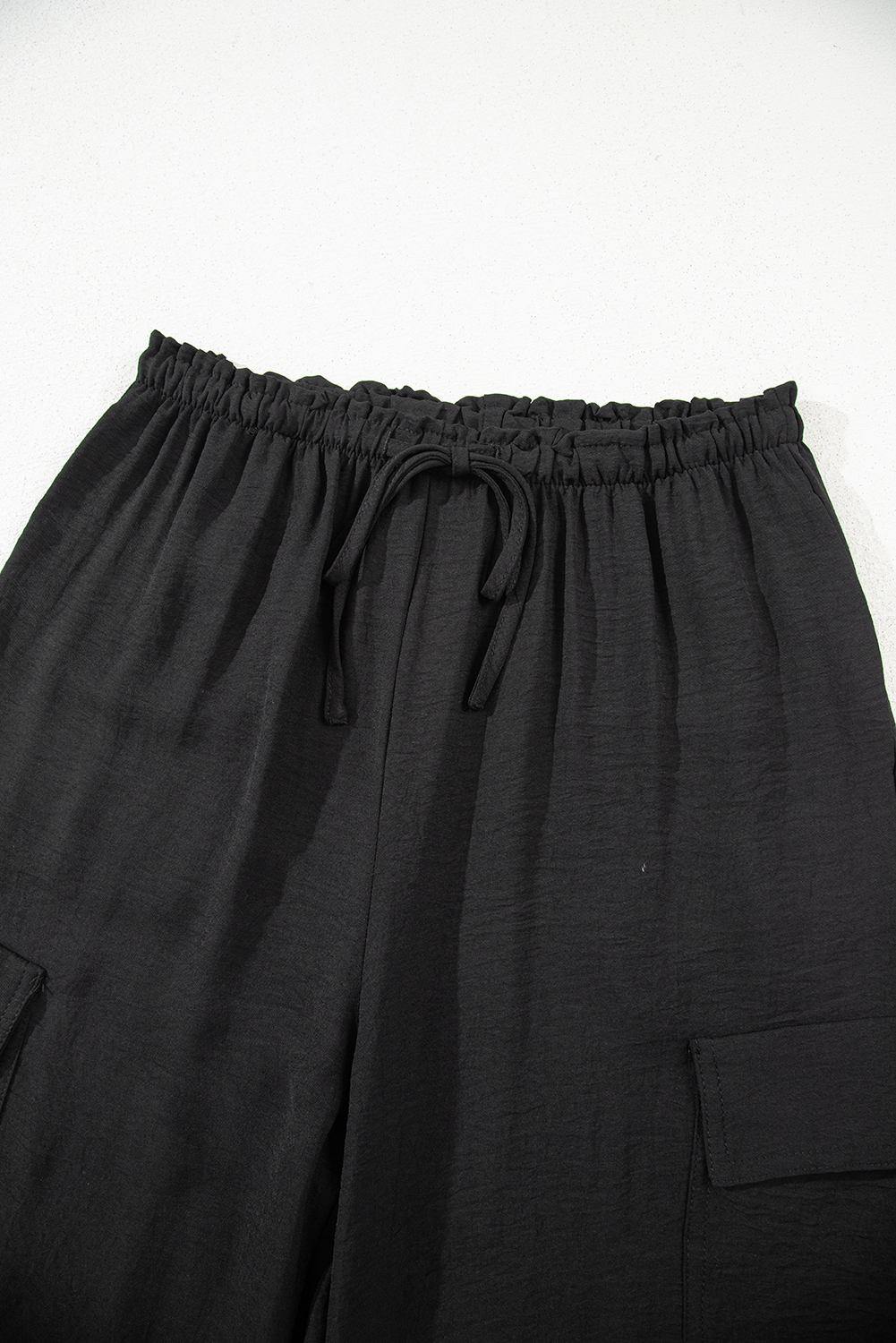 Black Drawstring Frilled Elastic Waistband Wide Leg Utility Trousers - loveforevers
