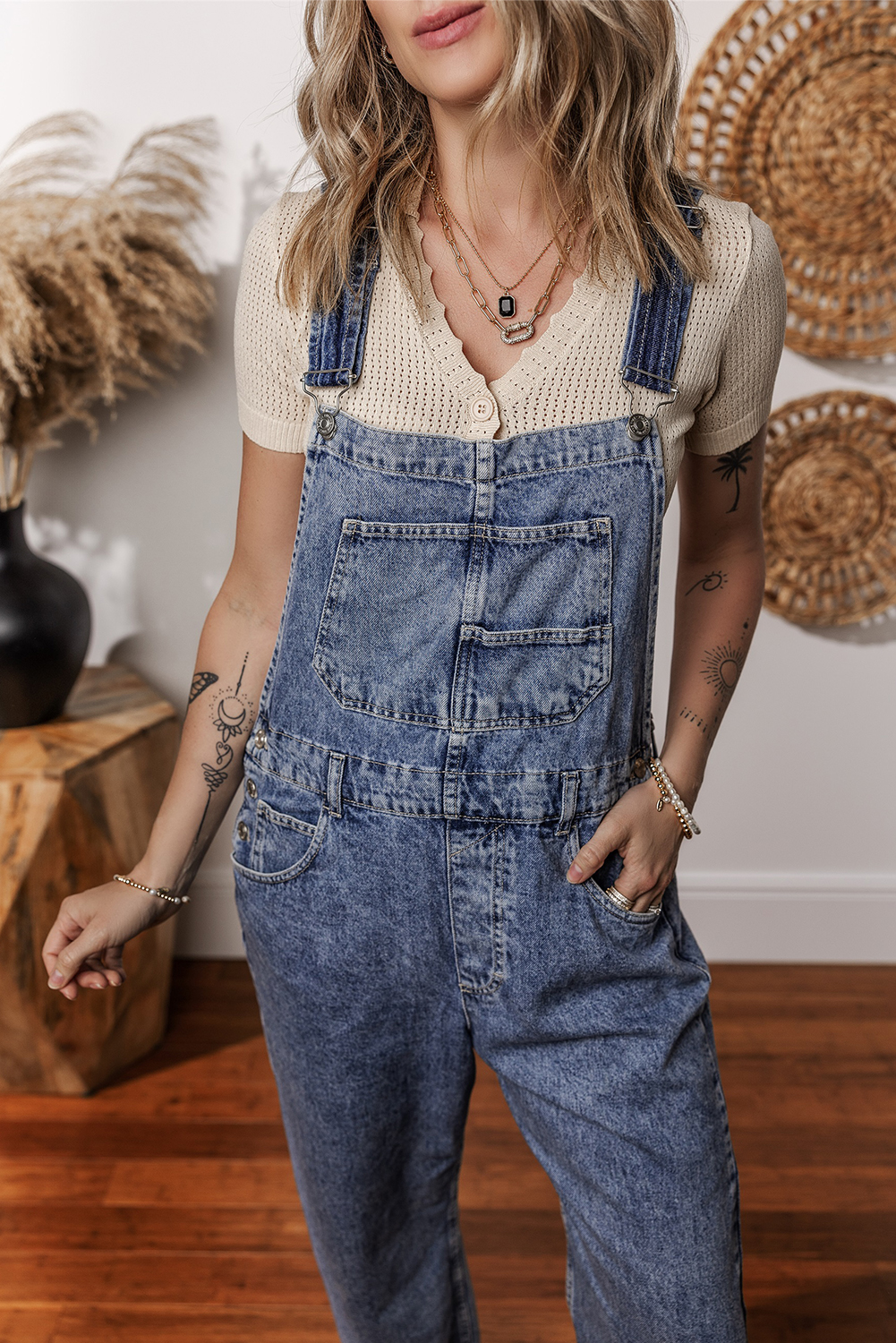 Sail Blue Denim Bib Straight Leg Jumpsuit with Pockets - loveforevers