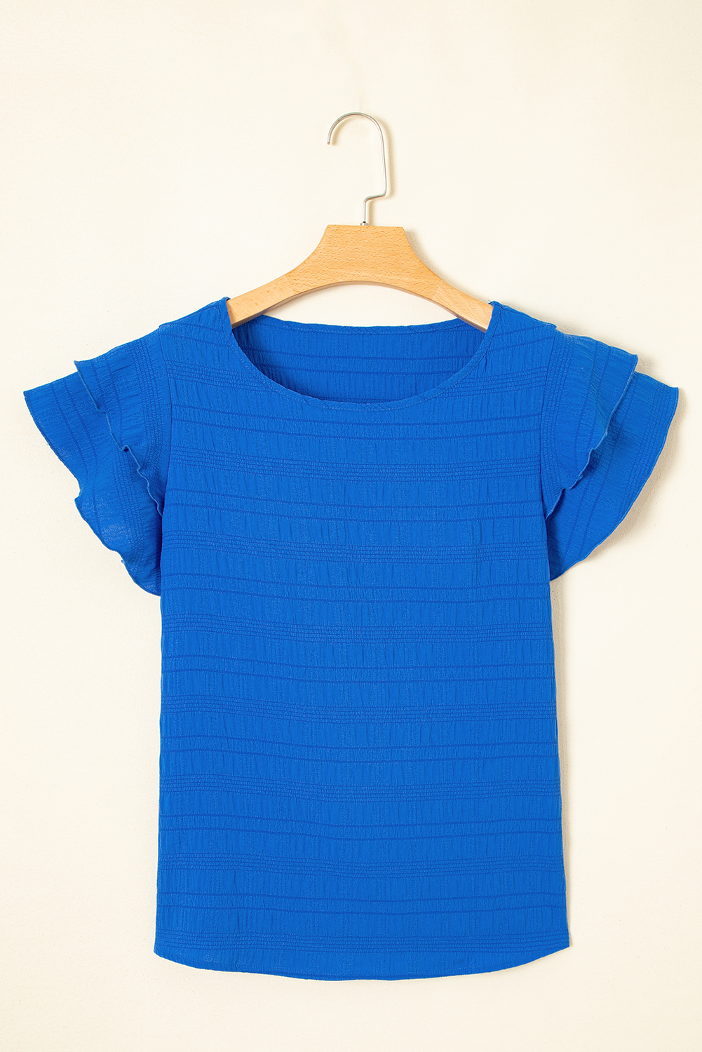 Dark Green Textured Ruffled Sleeve Round Neck Top - loveforevers