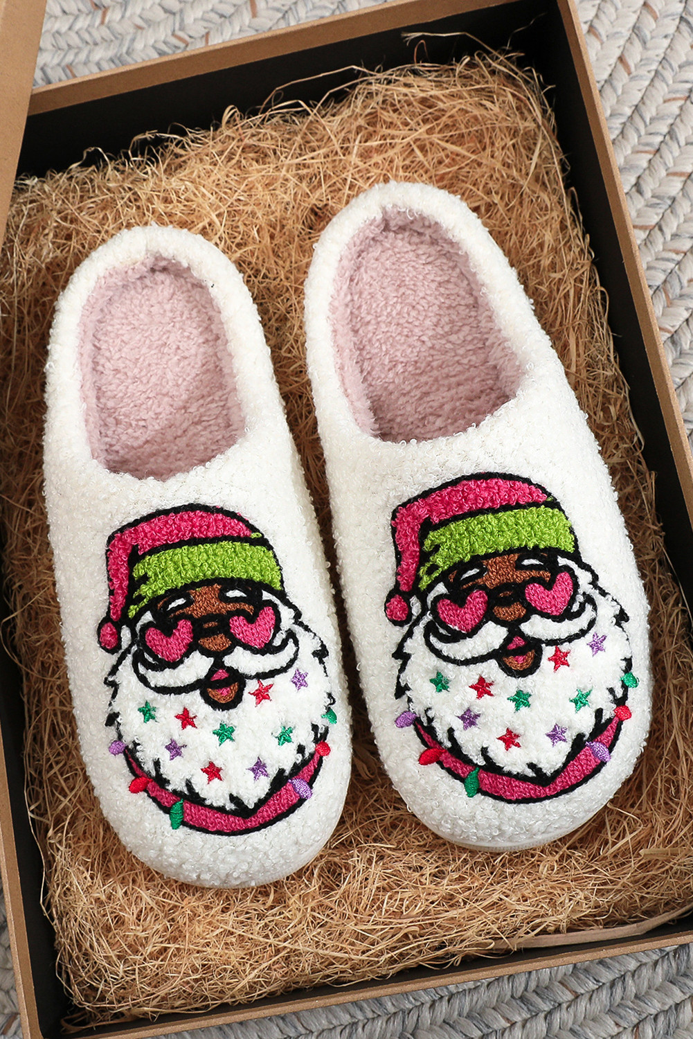 White Starry Santa Claus Pattern Christmas Plush Slippers - loveforevers