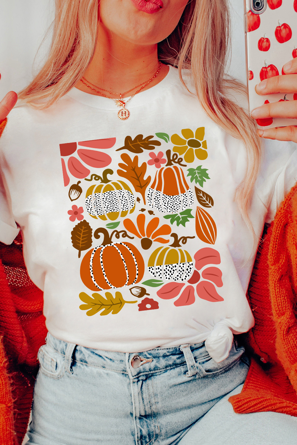 White Pumpkin Flower Print Fall Graphic Cotton Blend Tee - loveforevers